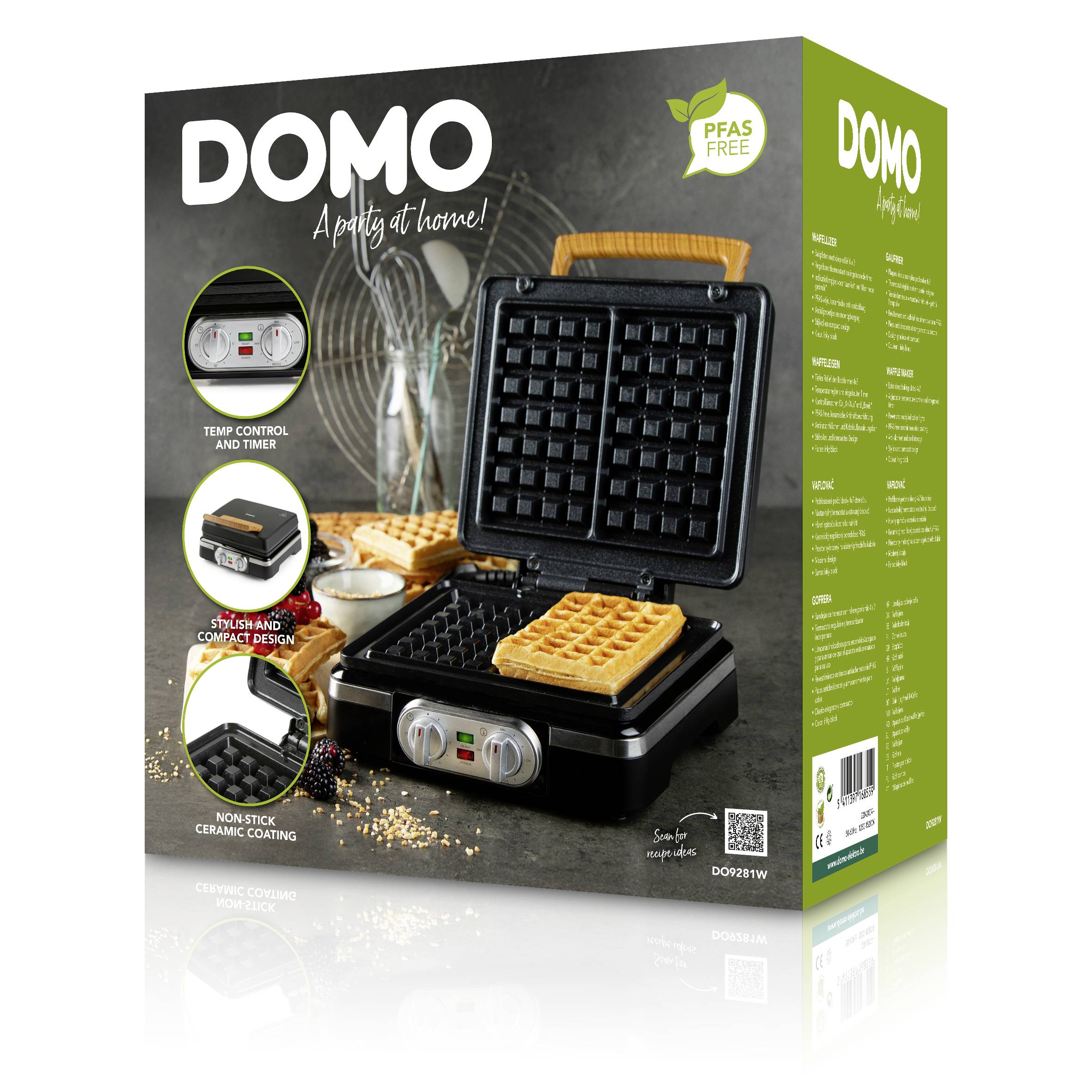 The image shows a sales packaging for a waffle iron by the brand DOMO, featuring pictures of the device, its functions, and product details.