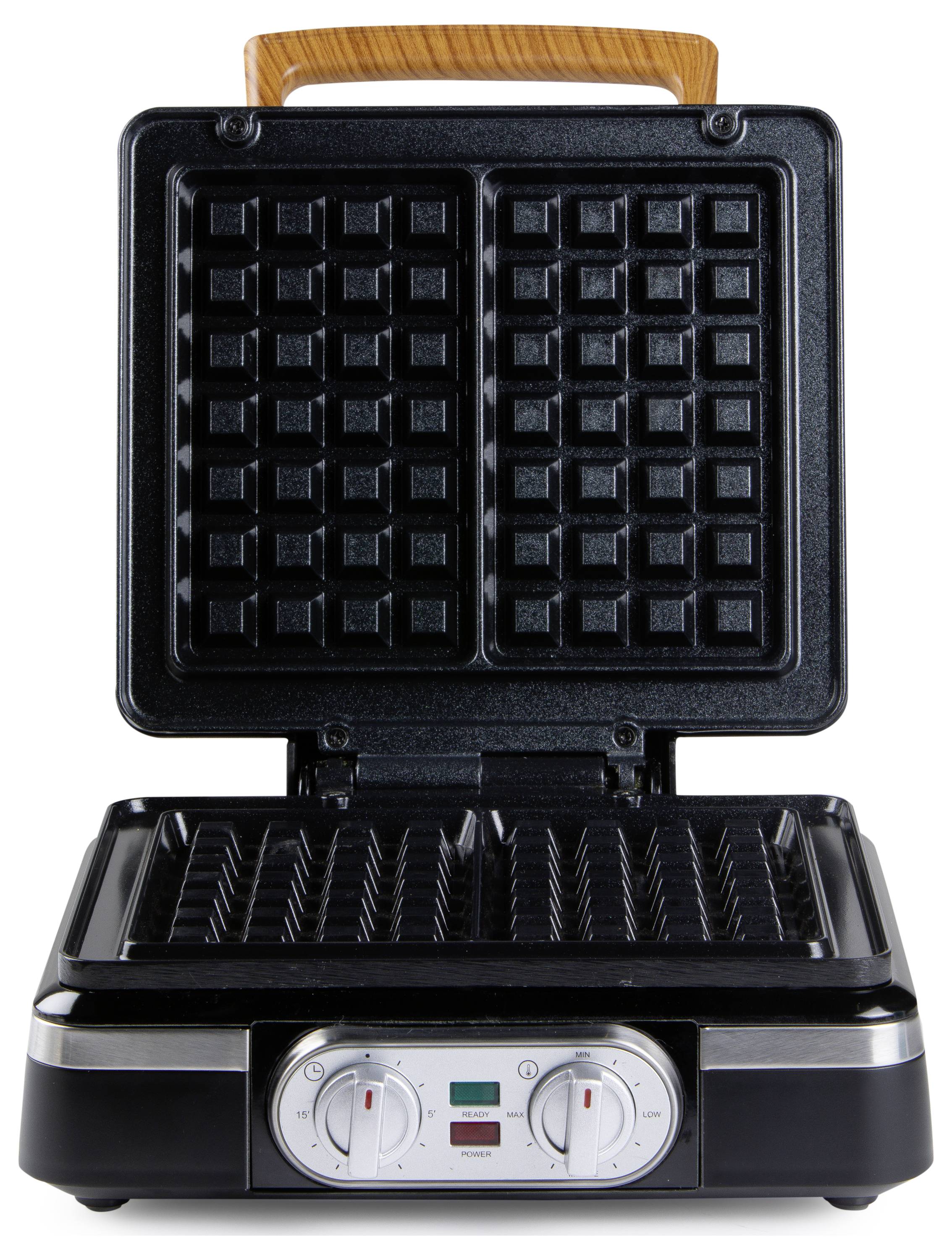 A waffle maker with an open lid and two control buttons on the front. Wooden handle on top; black, ridged interior section.