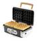 Waffle iron with two finished waffles, opened, black casing with wooden handle; control panel with switch and indicator lights.