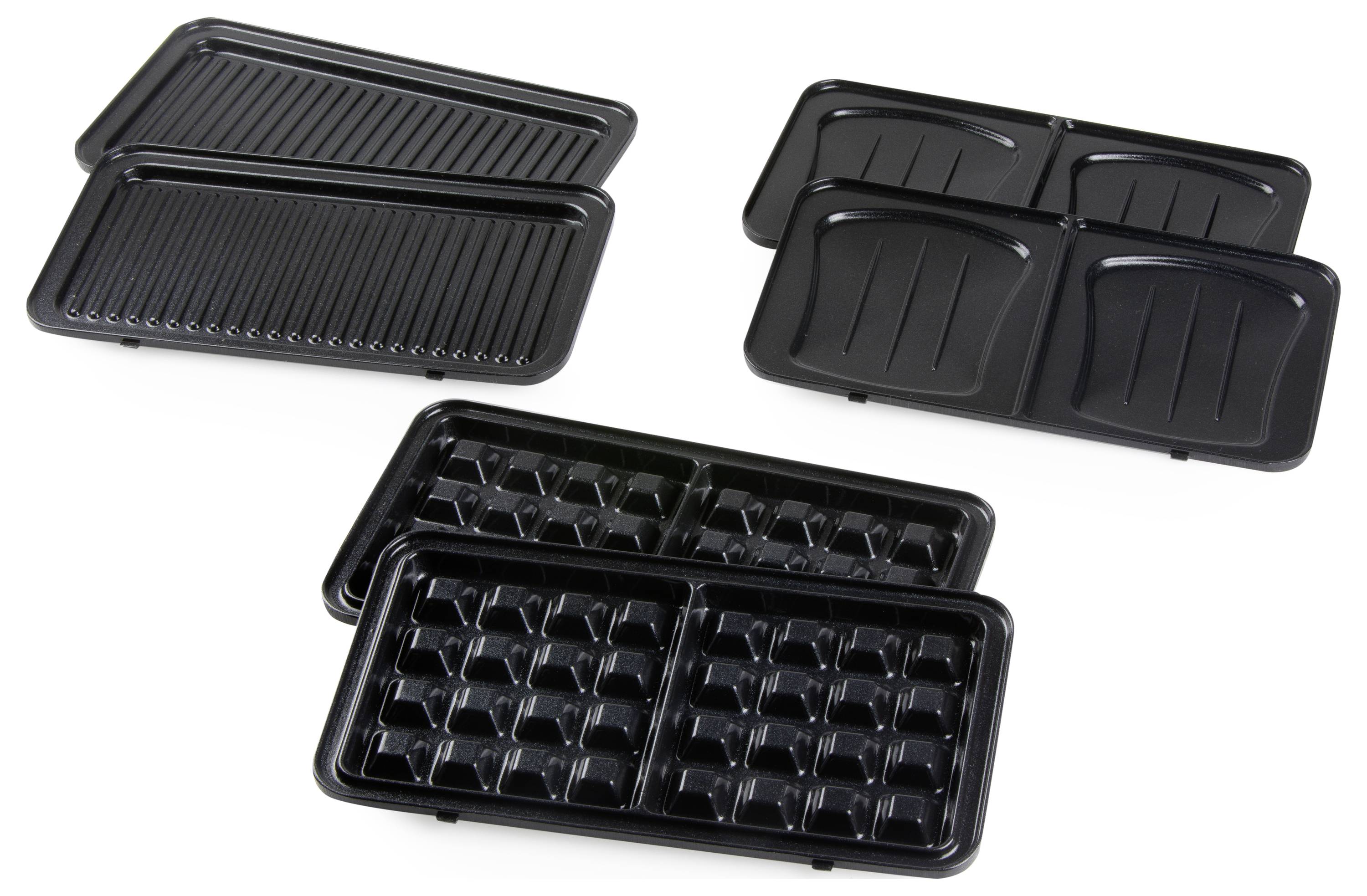 Three different types of black hob inserts, including a ridged griddle plate, a waffle plate, and a sandwich plate.
