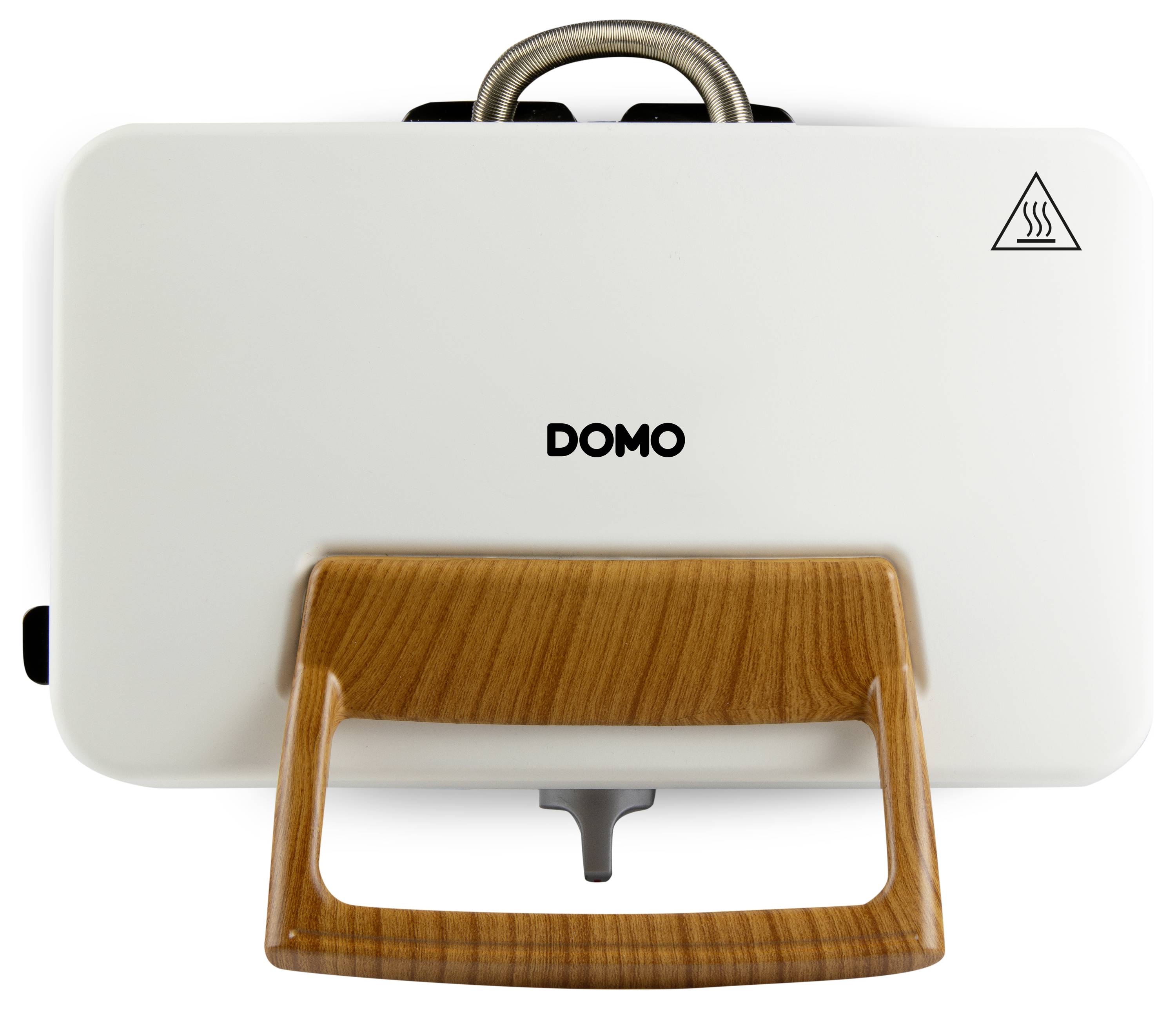 A white sandwich maker with a brown handle and the inscription 'DOMO'. A heat warning symbol is located in the top right corner.