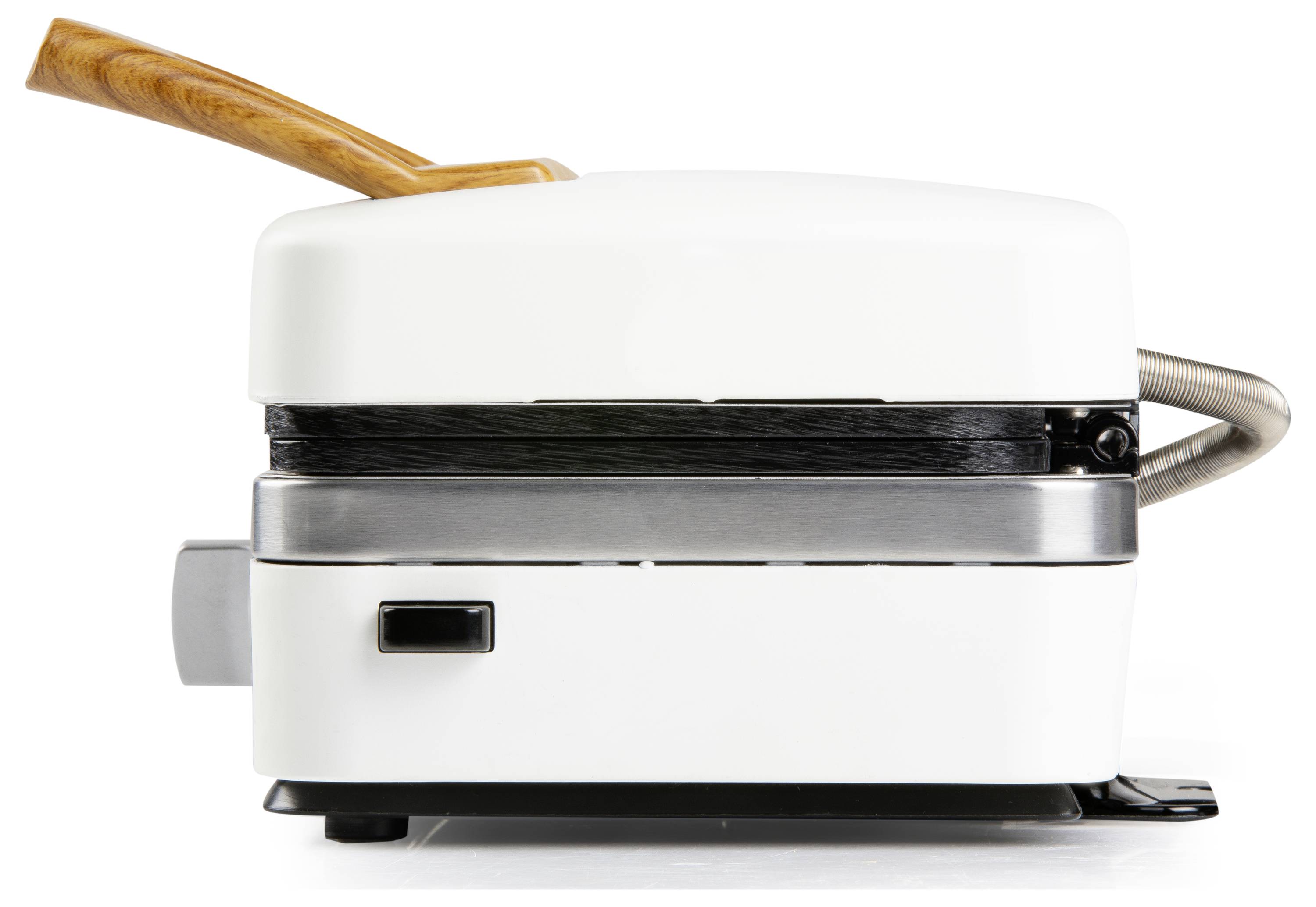White, square machine with wooden handle and metal base, viewed from the side. Possibly a kitchen appliance such as a sandwich maker.
