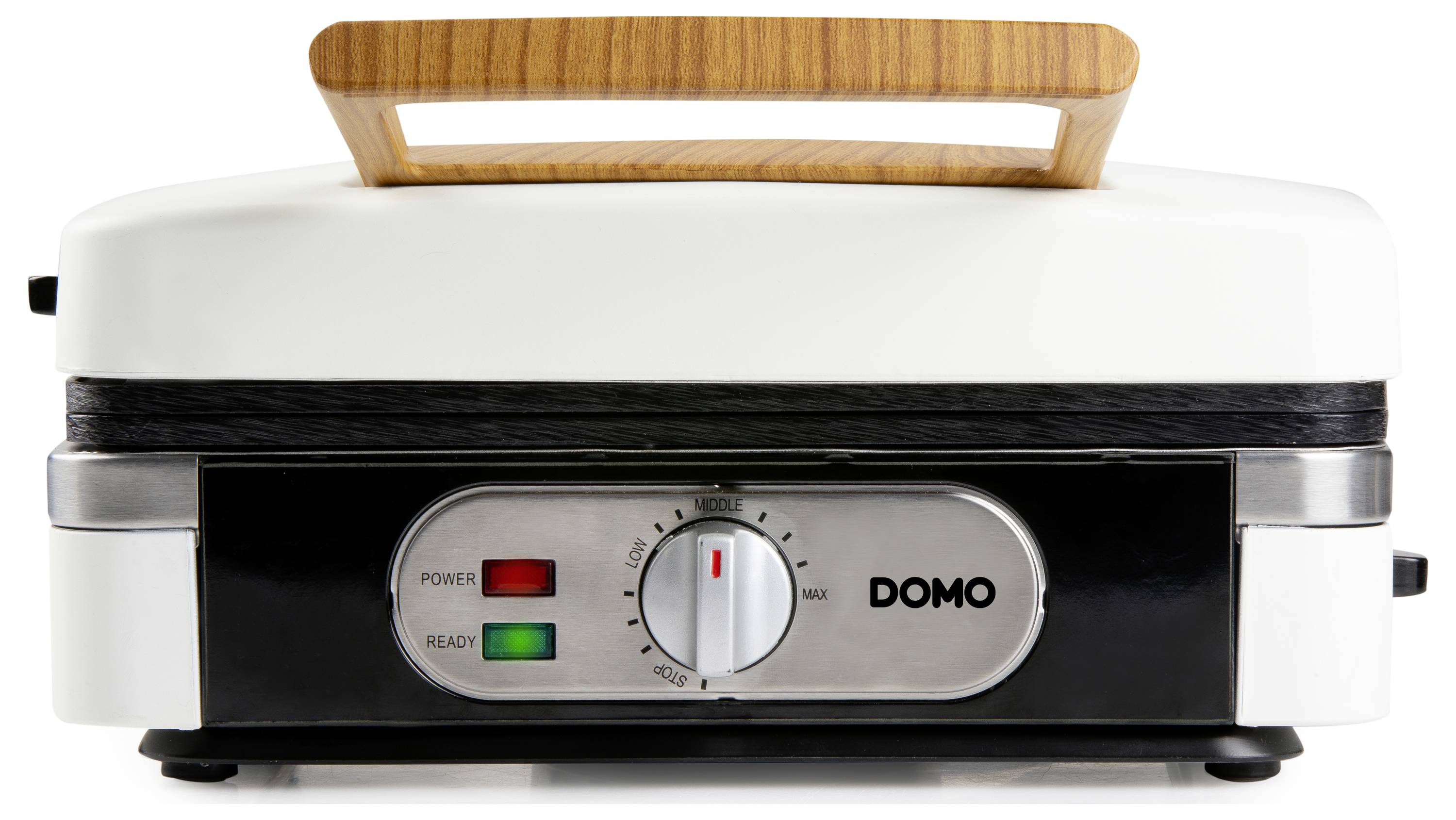 A toaster with a wooden handle and rotary dial on the front. Two indicator lights display 'Power' and 'Ready'.
