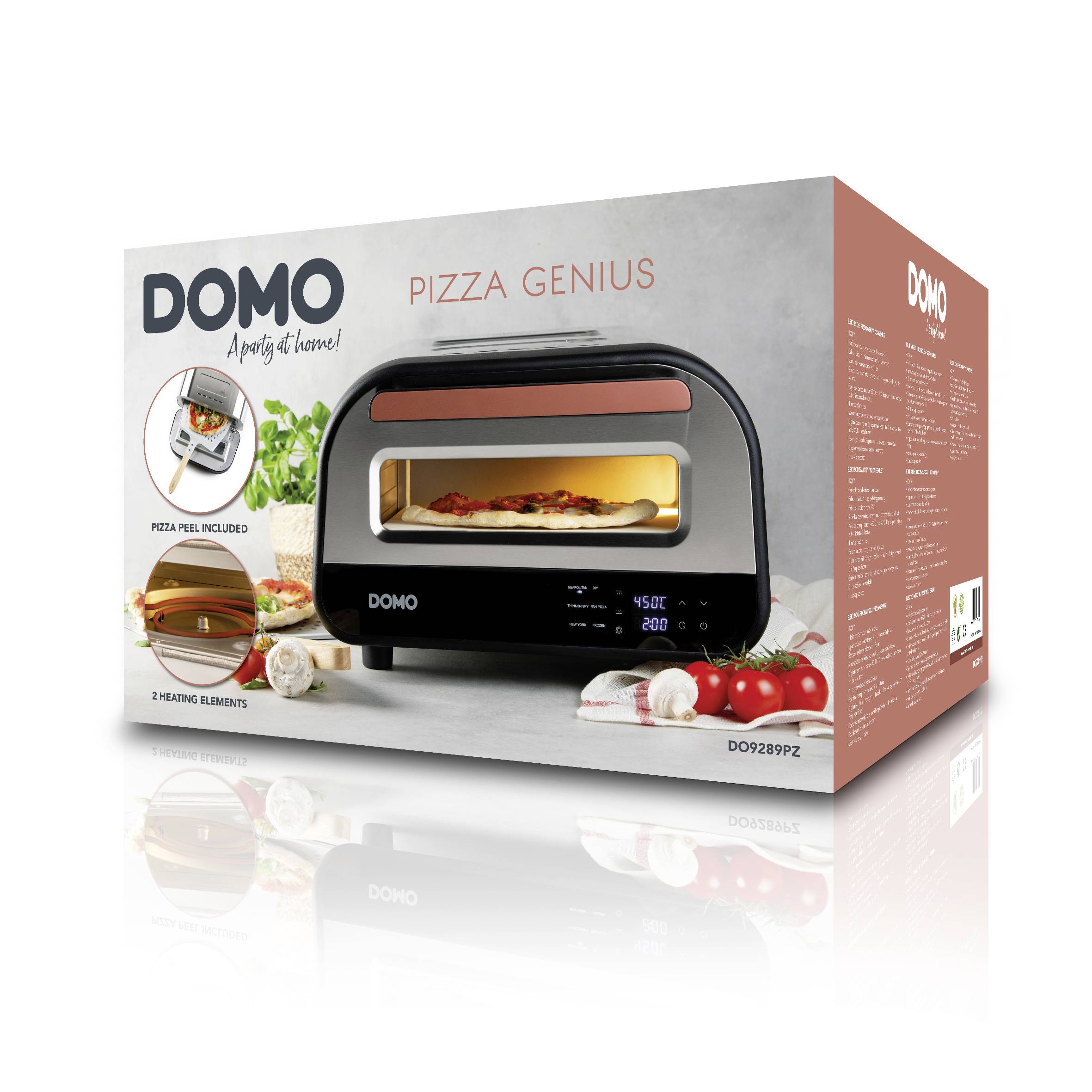 A rectangular packaging displays the 'Domo Pizza Genius' oven with a crispy pizza inside. Text: 'Pizza Peel Included'.