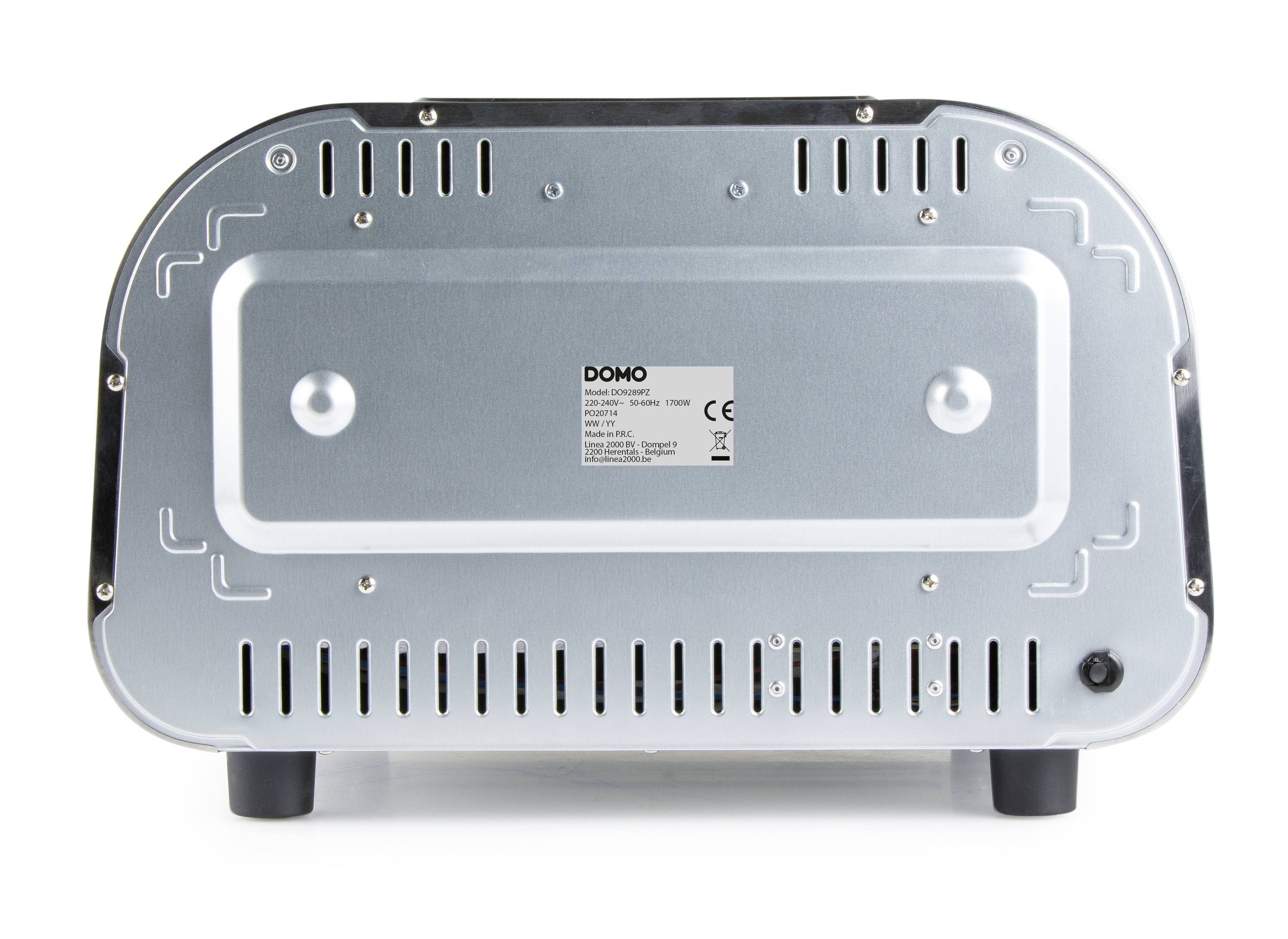 The underside of a kitchen appliance with a silver metallic surface, ventilation slots, and a power cord socket.