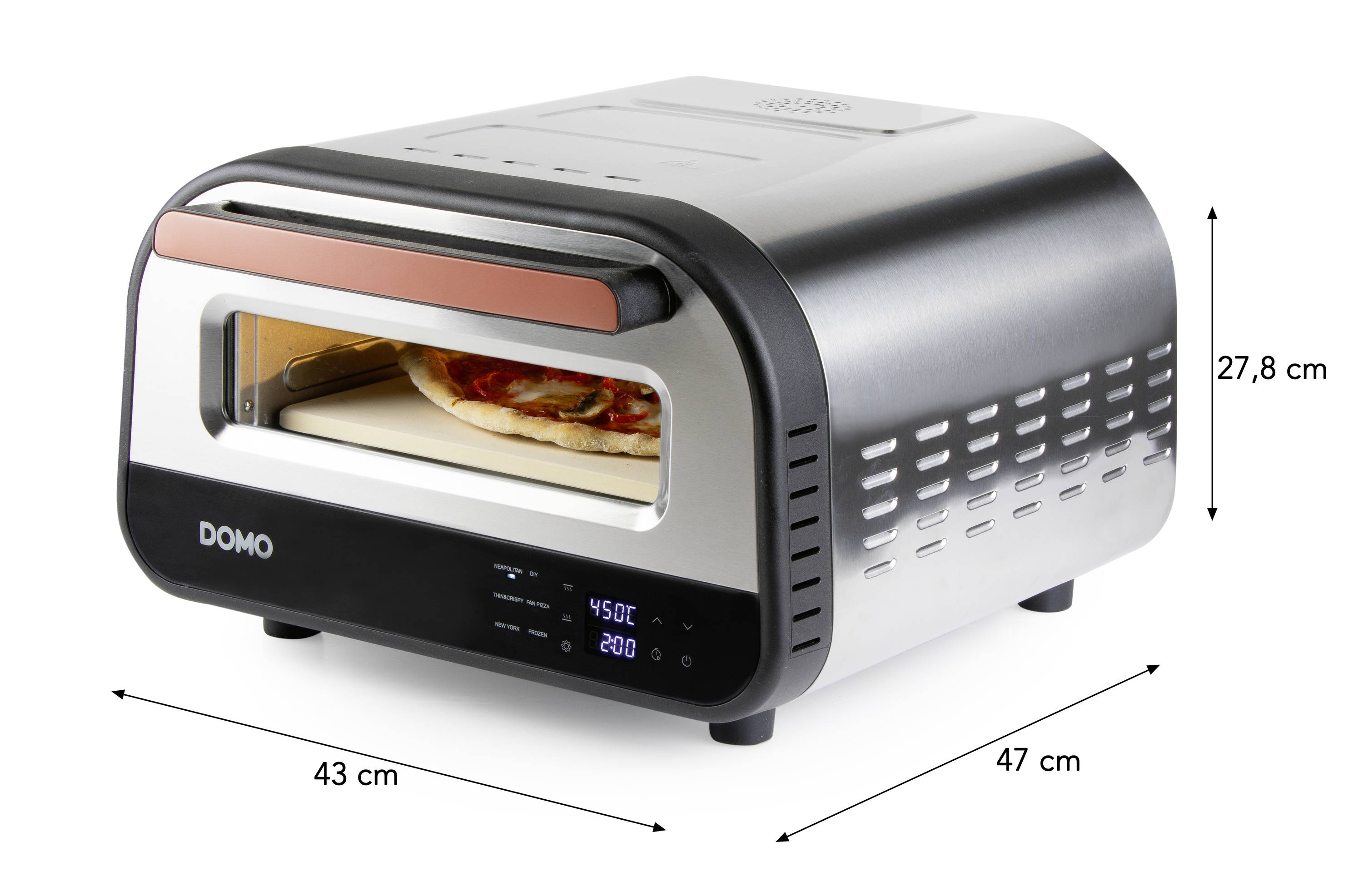 An electric pizza oven shows a pizza inside. The oven has a digital display. Dimensions: 43 cm width, 47 cm depth, 27.8 cm height.