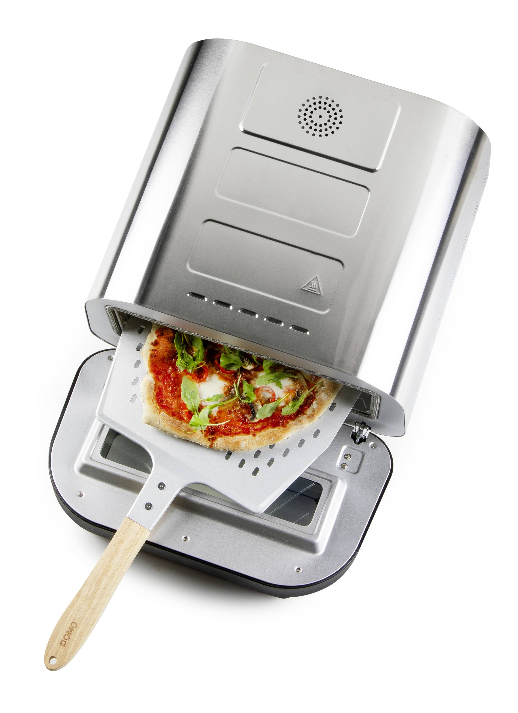 A metal pizza oven with an opening lid shows a finished, topped pizza on a pizza paddle with a wooden handle.