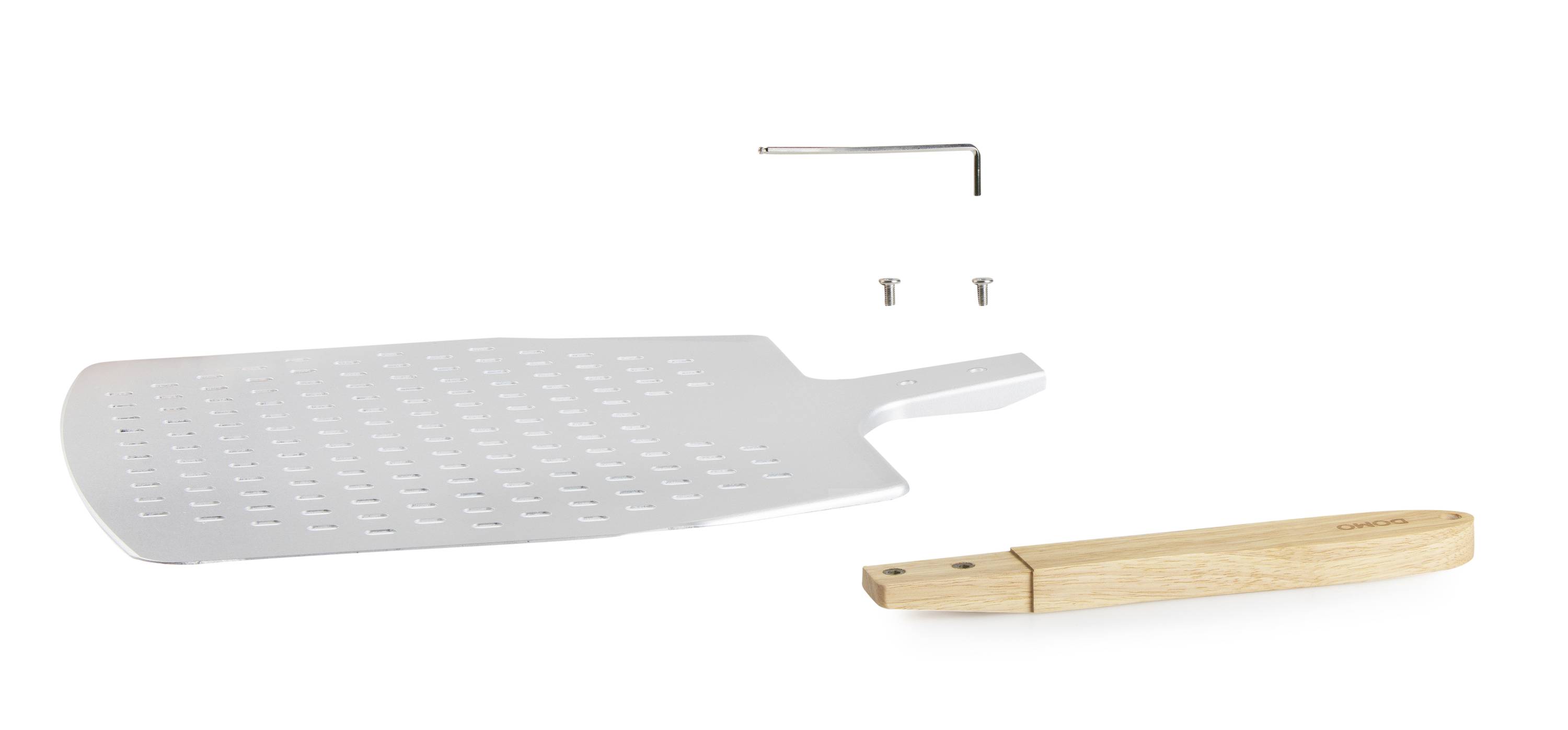Metal pizza paddle with a removable wooden handle, two screws, and an Allen key for assembly.