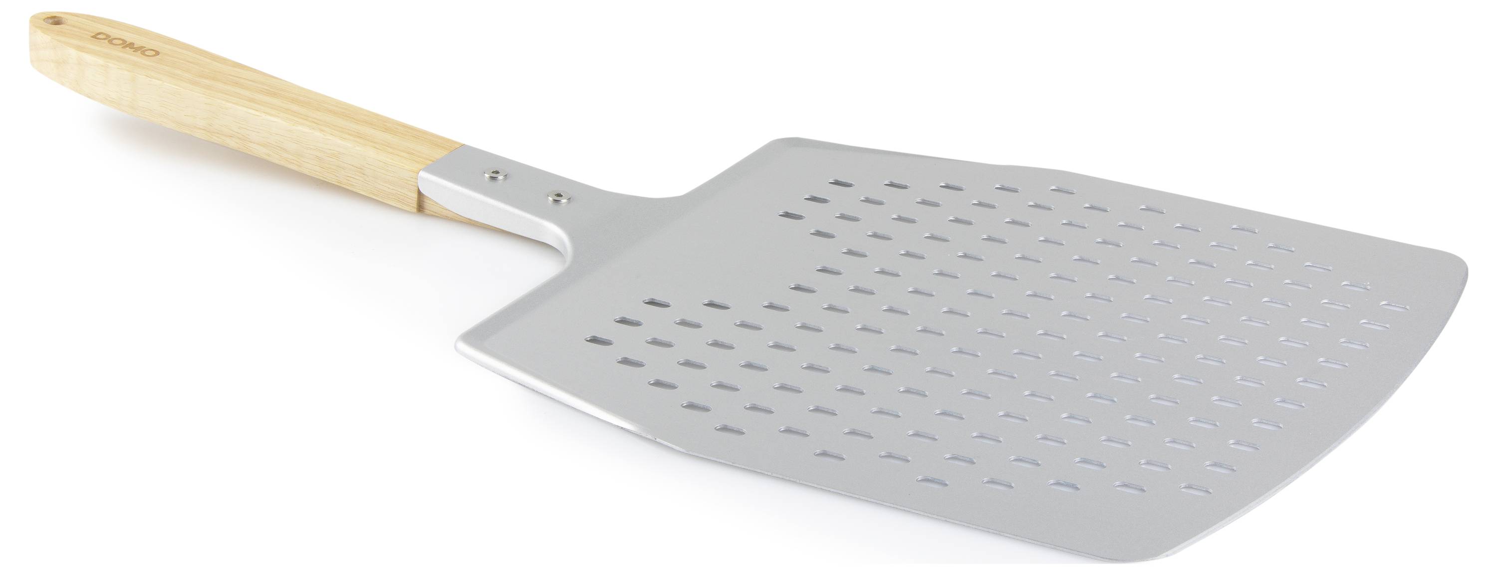 Metal pizza paddle with wooden handle, used for lifting and transporting pizza.