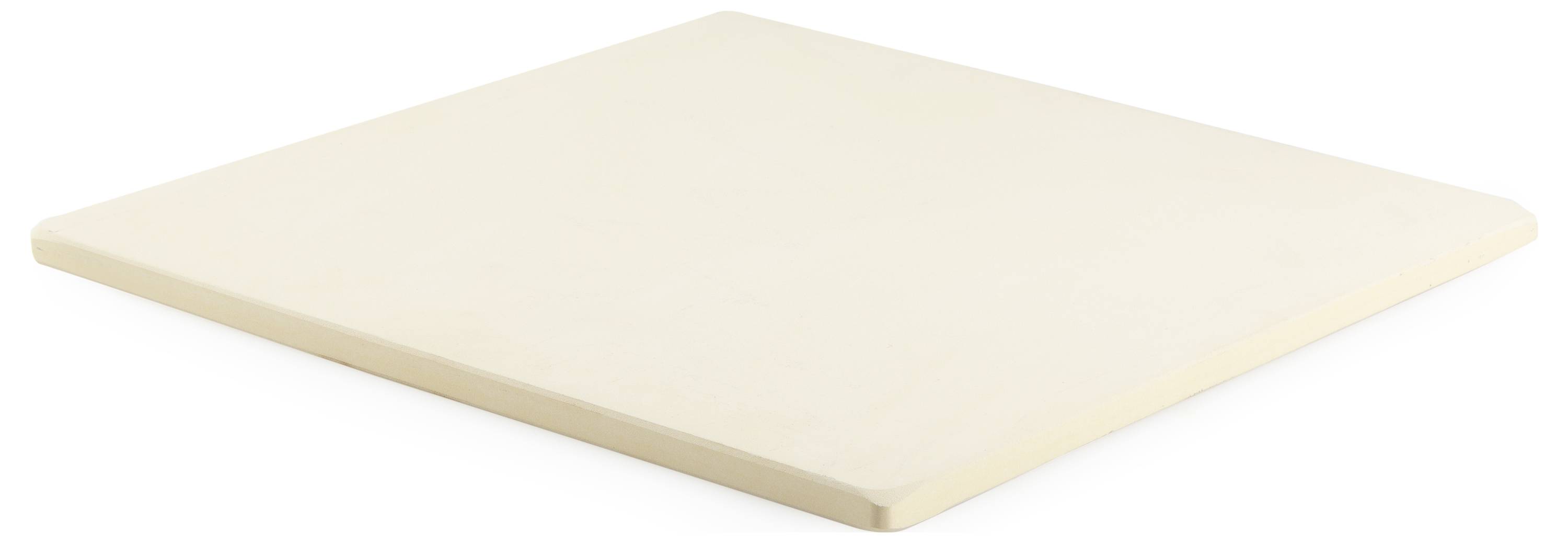 Beige square pizza stone with rounded corners, positioned on a light background.