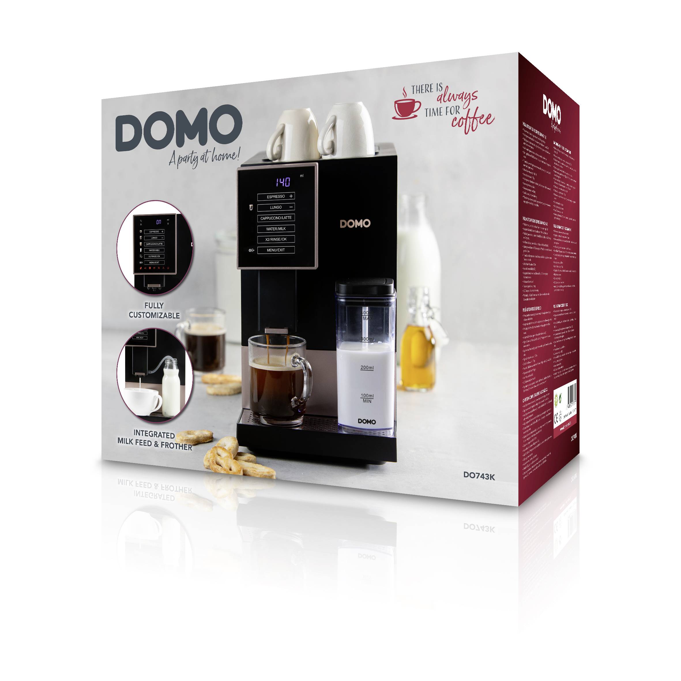 Packaging of a Domo coffee machine with cup holder on top and integrated milk container. Print: 'There is always time for coffee'.