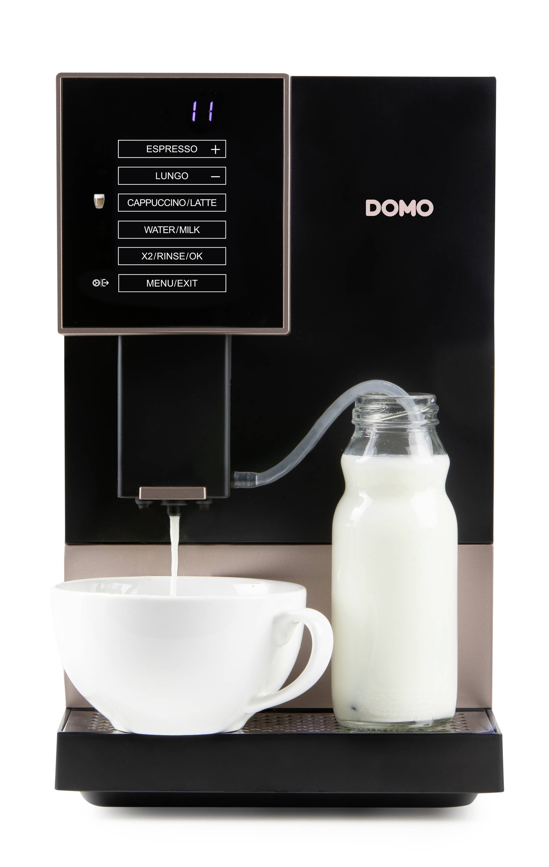 A black coffee machine with a digital display is brewing an espresso. Next to it is a bottle of milk.