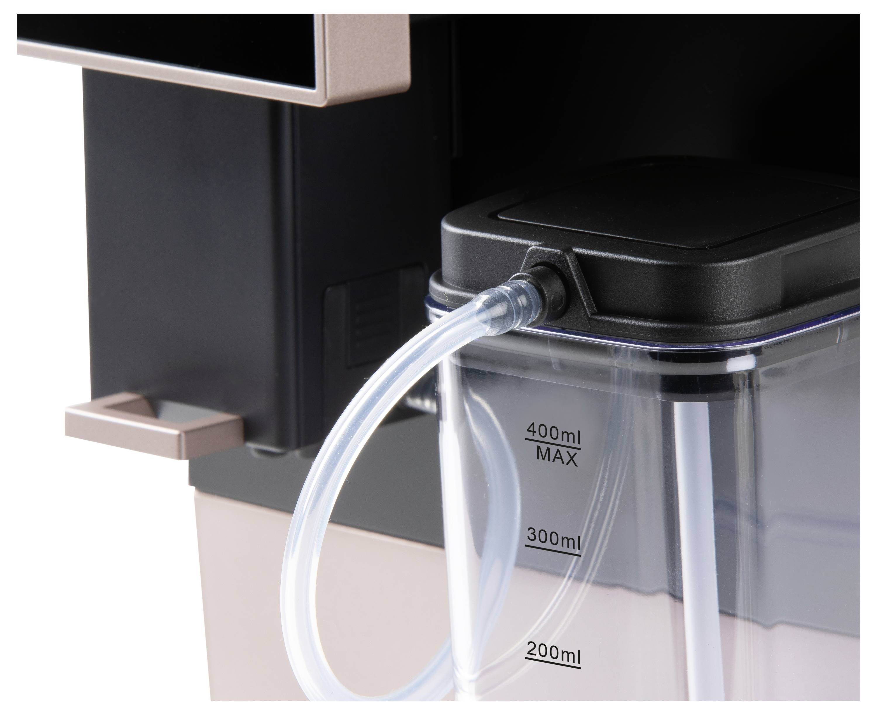 Coffee machine with a removable water tank. The tank is connected to the machine, with volume markings visible up to 400 ml.