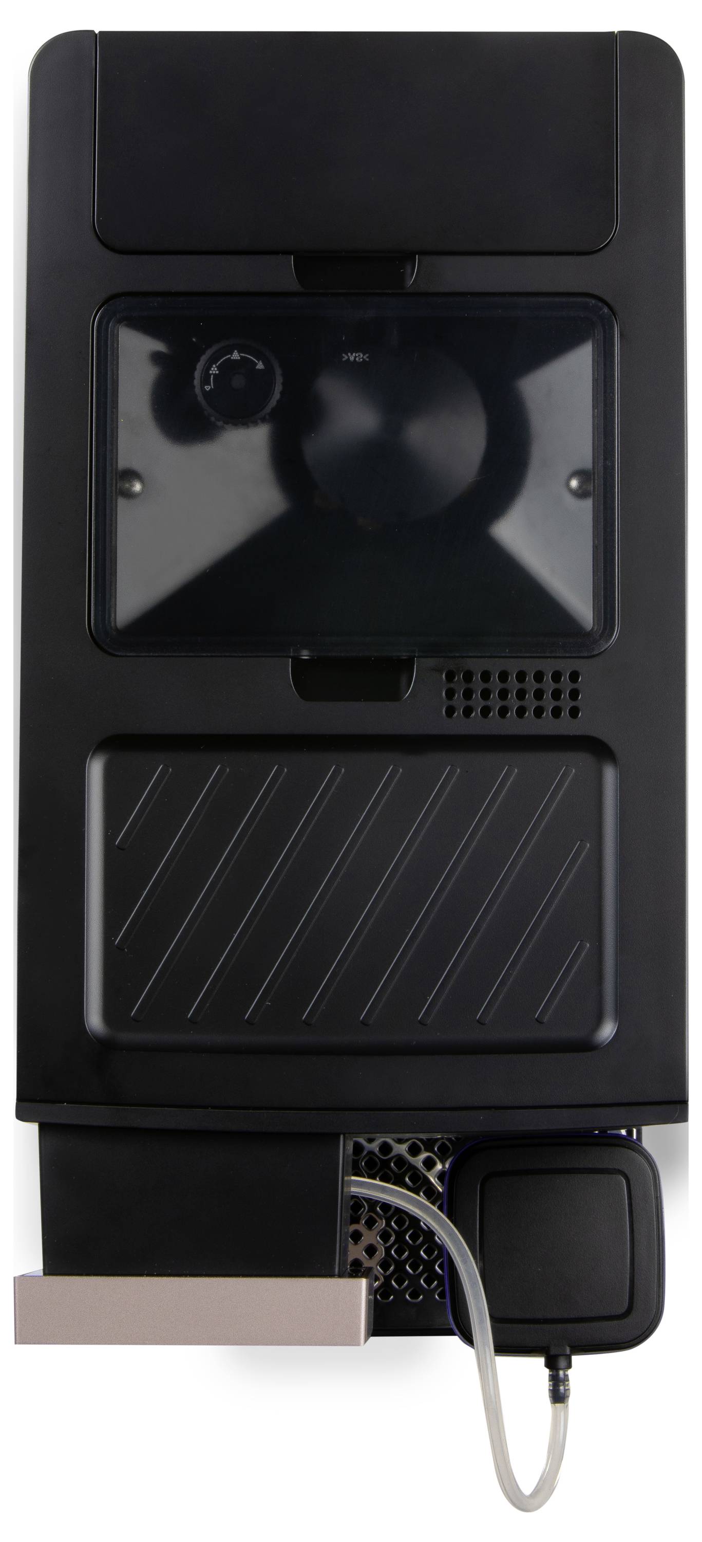 Black coffee machine viewed from above, with display and control panel visible; below, a hose and water filter are attached.