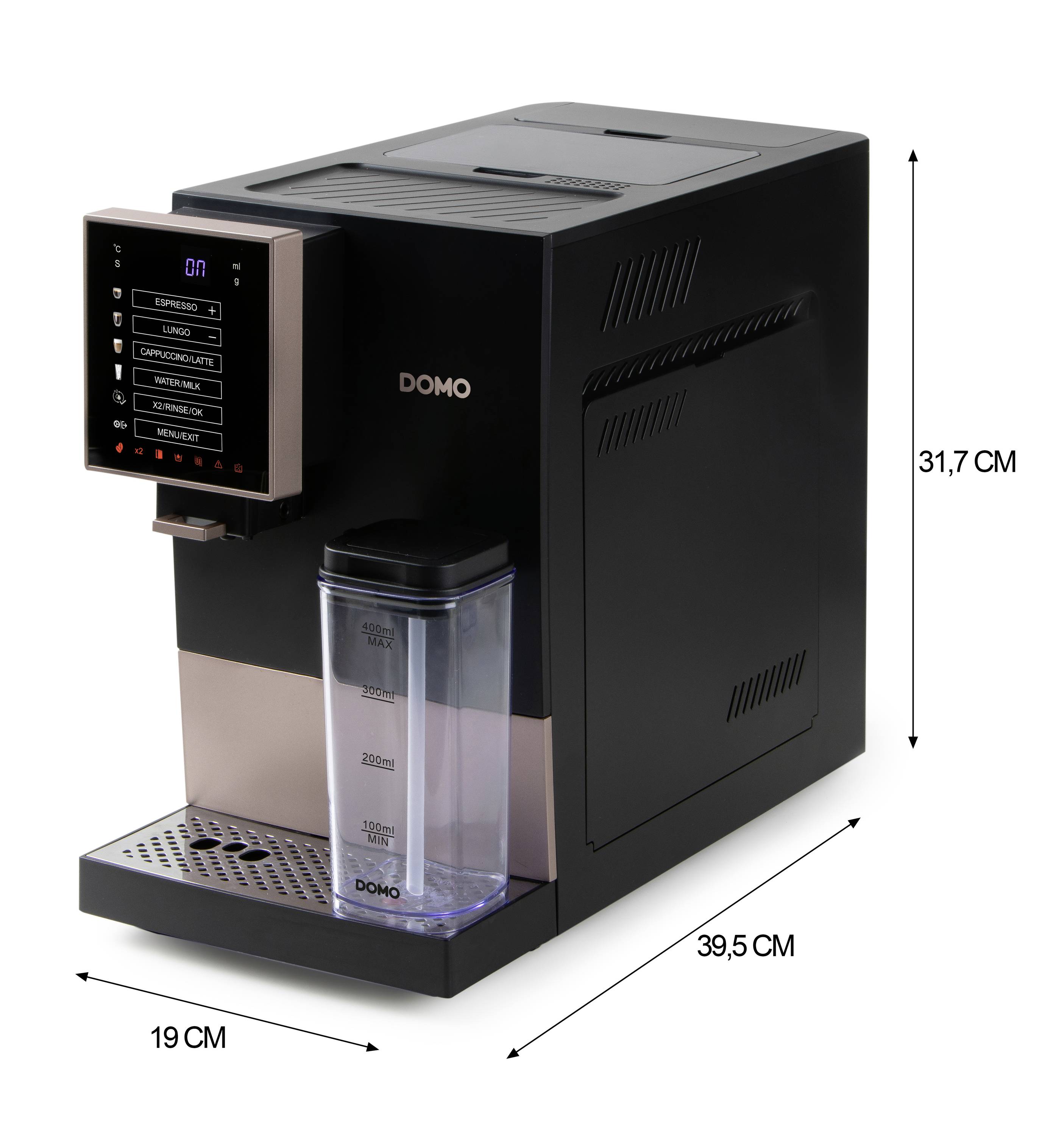 Coffee machine in black with control panel on the left side and removable water reservoir. Dimensions: 31.7 cm high, 39.5 cm deep, 19 cm wide.