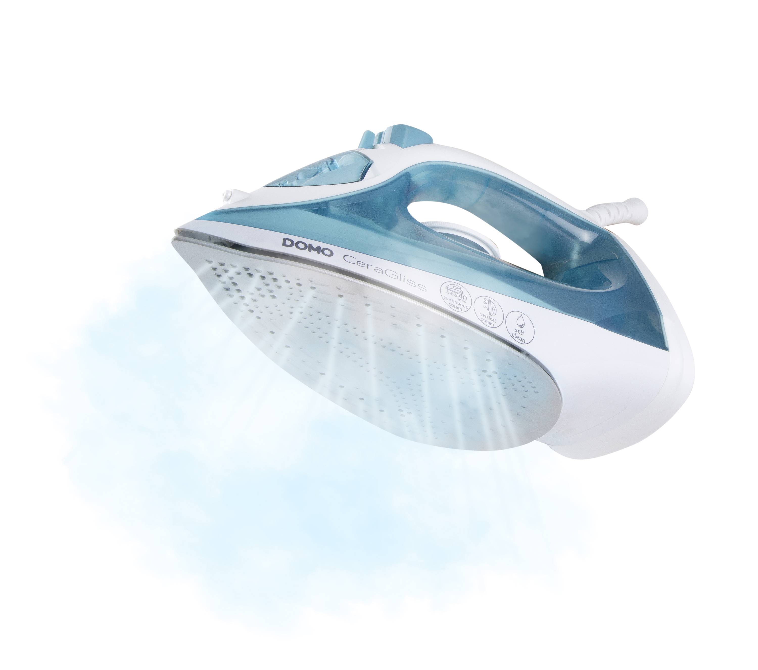 A blue and white steam iron is spraying steam from its ceramic soleplate. The brand name 'DOMO' is visible on the side.