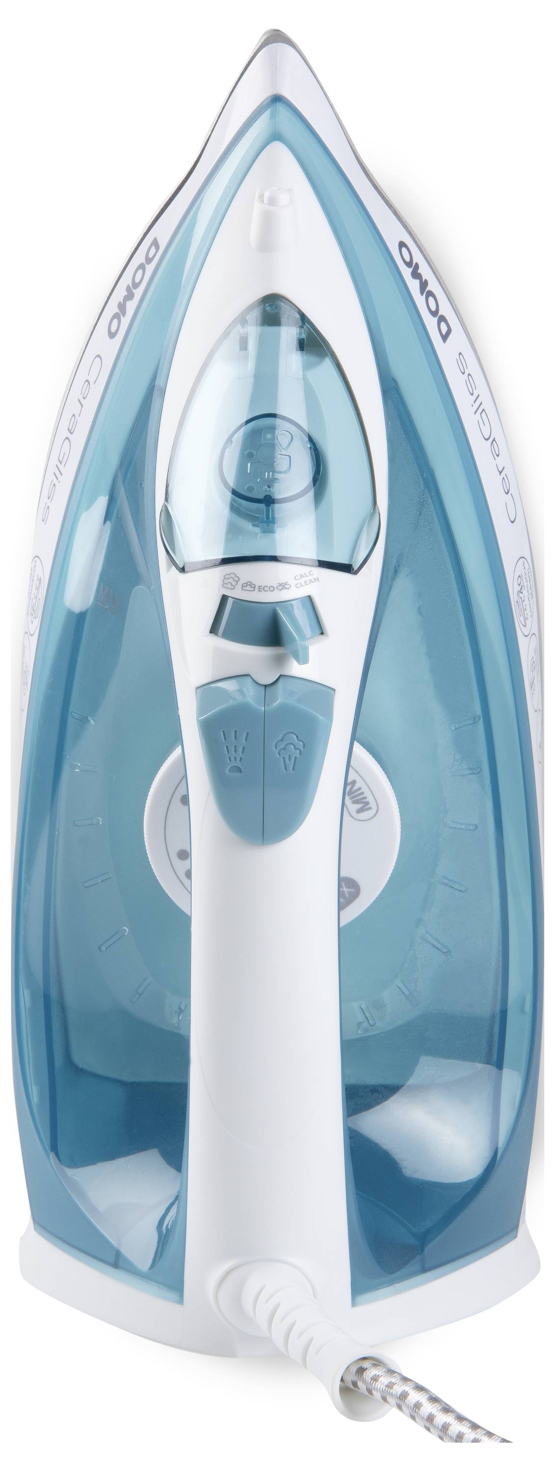 A blue and white steam iron viewed from above. It shows the handle, water chamber, and temperature control dial.