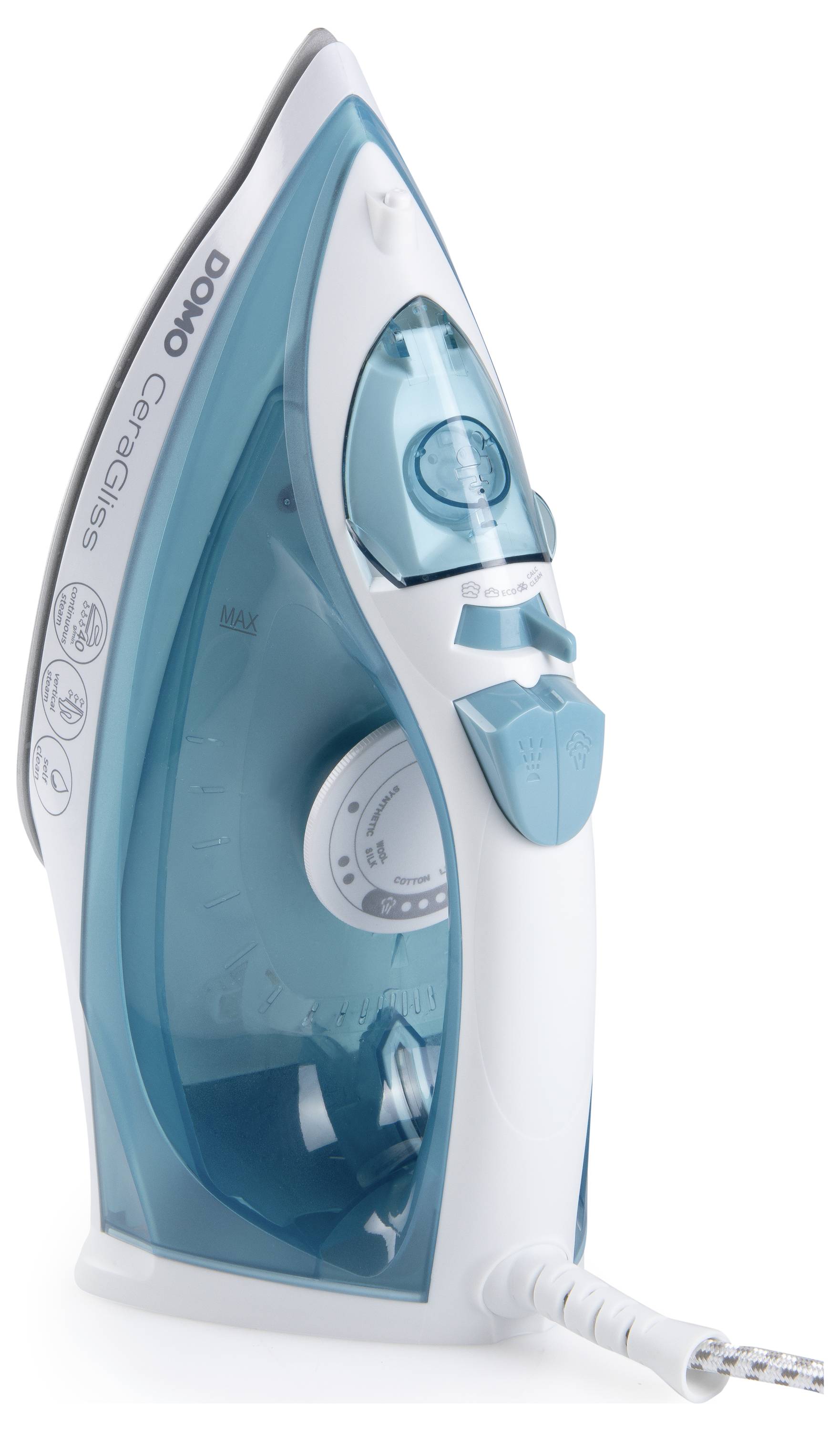 A blue and white steam iron with a temperature control dial and water tank. Brand name visible on the side.