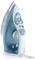 A blue and white steam iron with a temperature control dial and water tank. Brand name visible on the side.