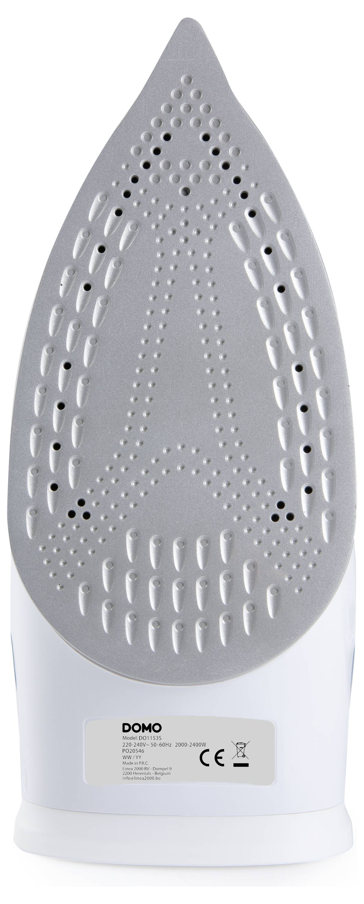 A vertical iron with a silver soleplate and multiple steam holes.