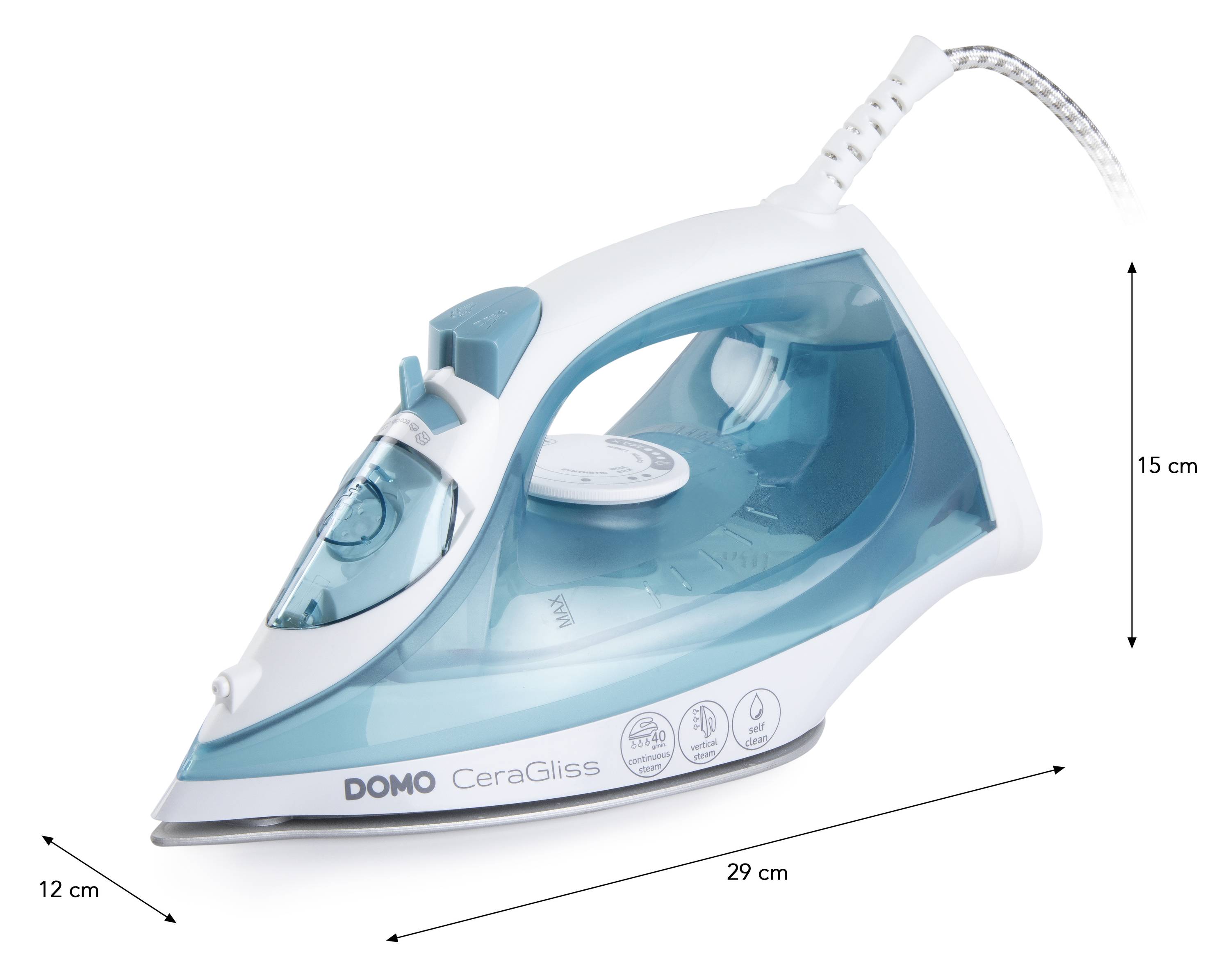 A white and blue steam iron for textile care, pictured from the side with dimensions: length 29 cm, height 15 cm, width 12 cm.