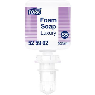 TORK Luxury Foam Soap in a transparent dispenser with purple stripes, 525 ml. Product code: 52 59 02.