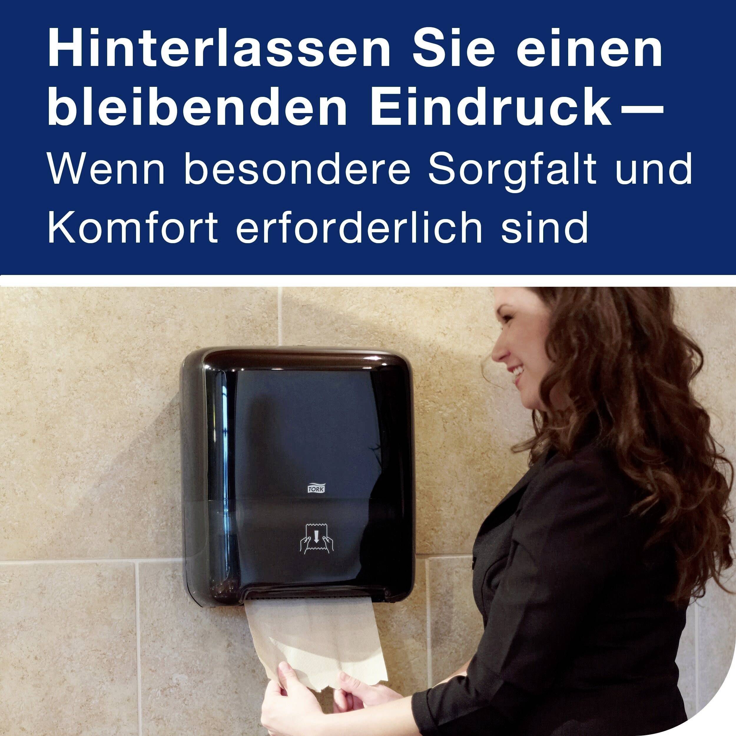 A person retrieves paper towels from a dispenser. Text at the top: 'Leave a lasting impression—When special care and comfort are required.'