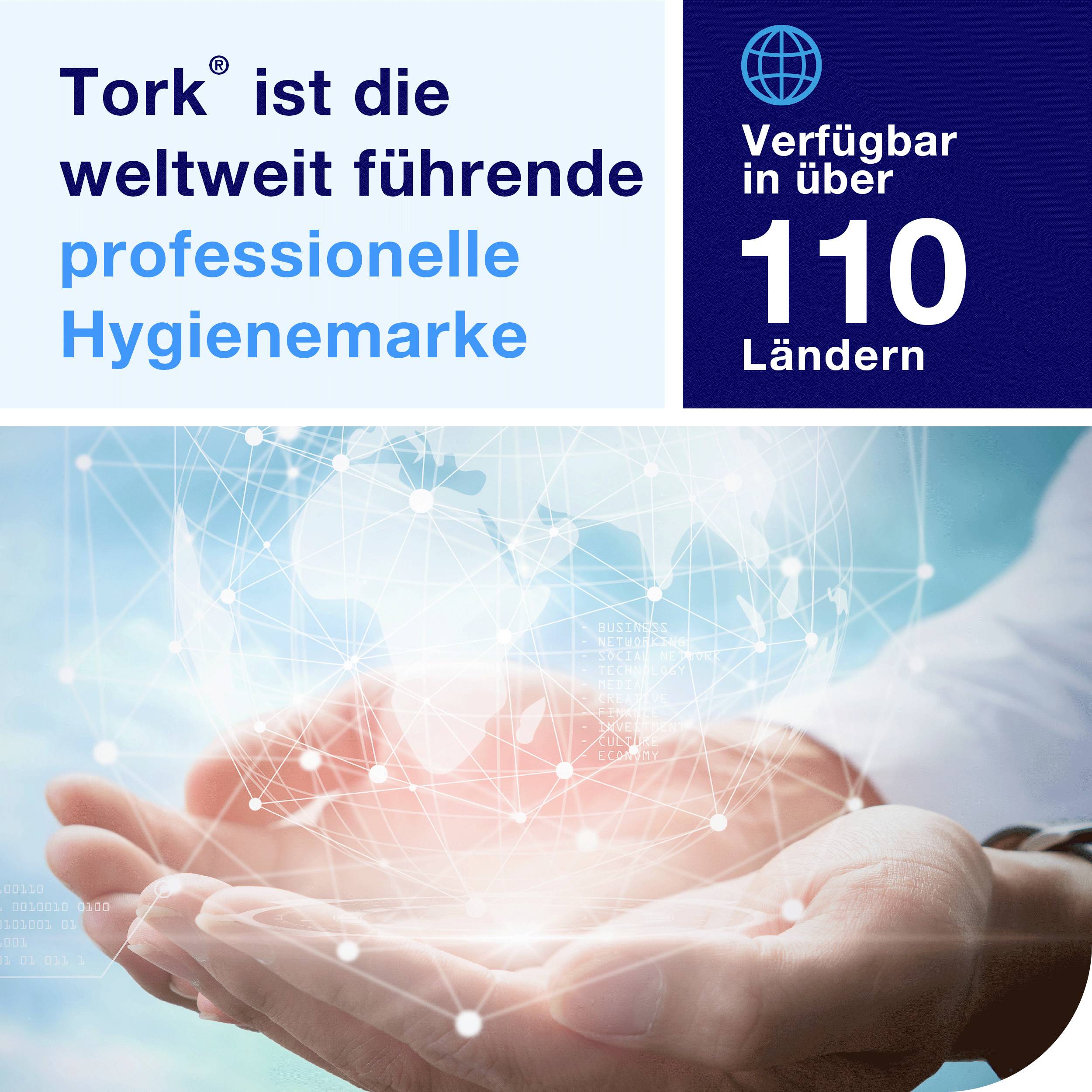 Tork, a leading hygiene brand, available in over 110 countries. Hands holding a world map, symbolising international presence.