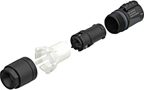 Disassembled electrical connector with three main components: black plug, white insulator, and black insert.