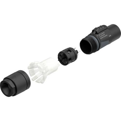 Exploded view diagram of a connector with three parts: black, ribbed cover, white insert, black plug. Suitable for industrial applications.