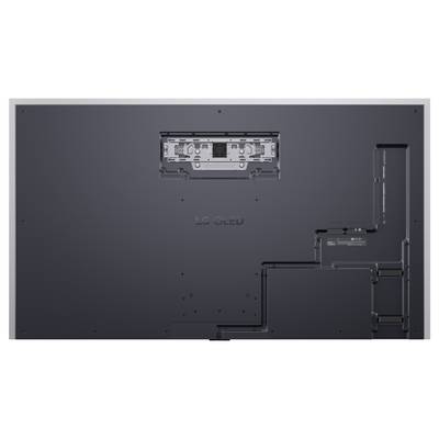 Back view of an LG OLED television showing the mounting bracket and cable management channels, highlighting its sleek design.