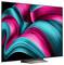 A TV displays a vivid abstract image with swirling turquoise and pink patterns, emphasizing bright colors and dynamic movement.