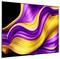 A sleek flat-screen television displaying vibrant purple and yellow swirling abstract art against a black background.