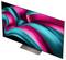 A sleek, modern flat-screen TV with a colorful abstract display of swirling pink and teal lines on the screen.