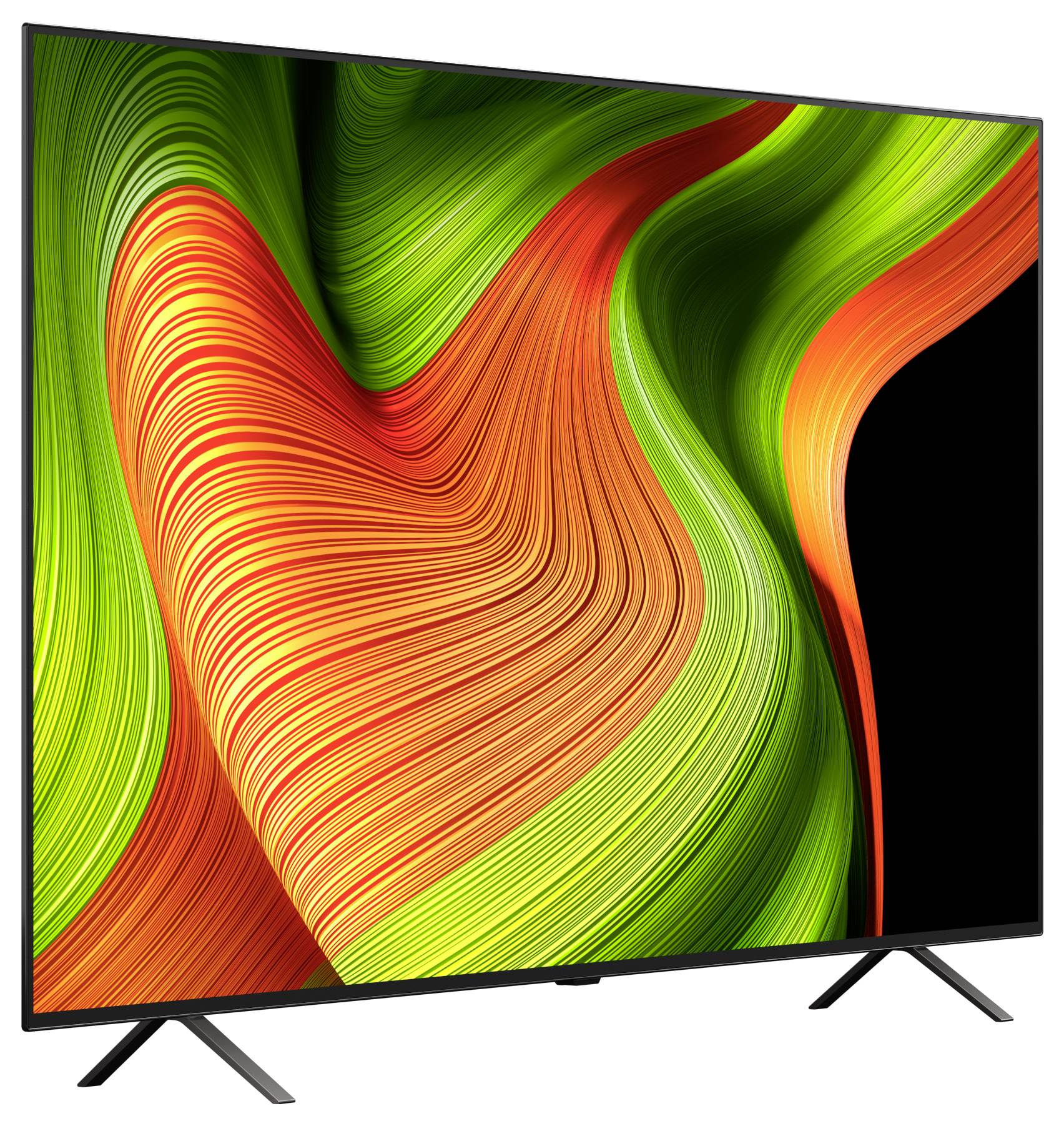A modern flat-screen TV with a vibrant abstract design in green, orange, and yellow hues displayed on the screen.