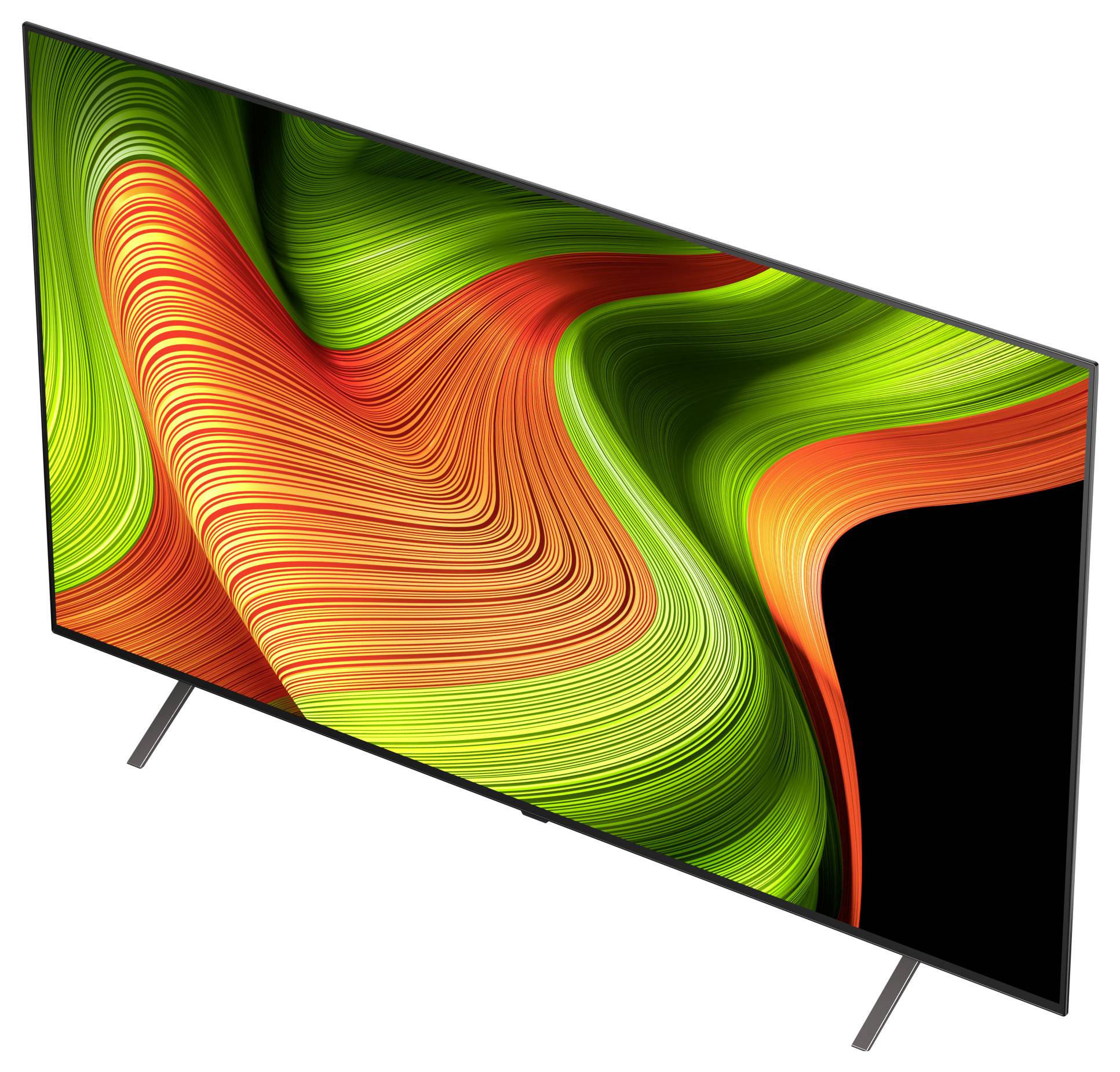 A modern flat-screen TV displaying an abstract design with swirling green and orange patterns. The screen appears sharp and colorful.