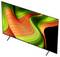 A modern flat-screen TV displaying an abstract design with swirling green and orange patterns. The screen appears sharp and colorful.