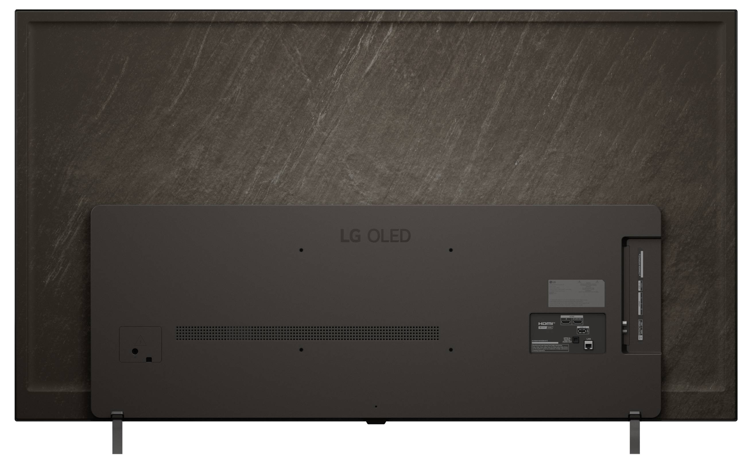 Back view of an LG OLED TV showing input ports and stand. The design is sleek and minimalist with ports for various connections.