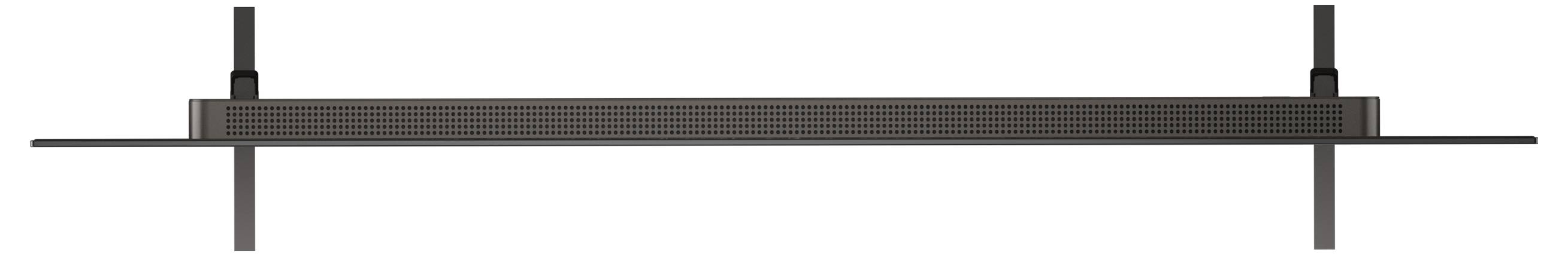 A long, black soundbar with two upright, vertical antennae on each end, designed for mounting below a television or display.