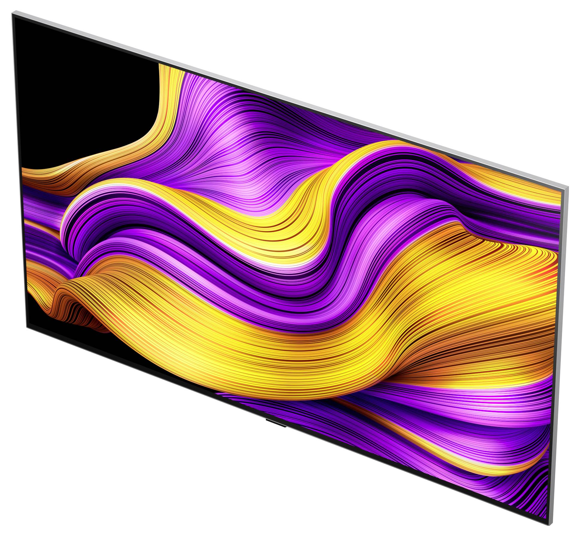 A flat-screen television displaying abstract digital art with swirling purple and yellow lines, creating a dynamic wave effect.