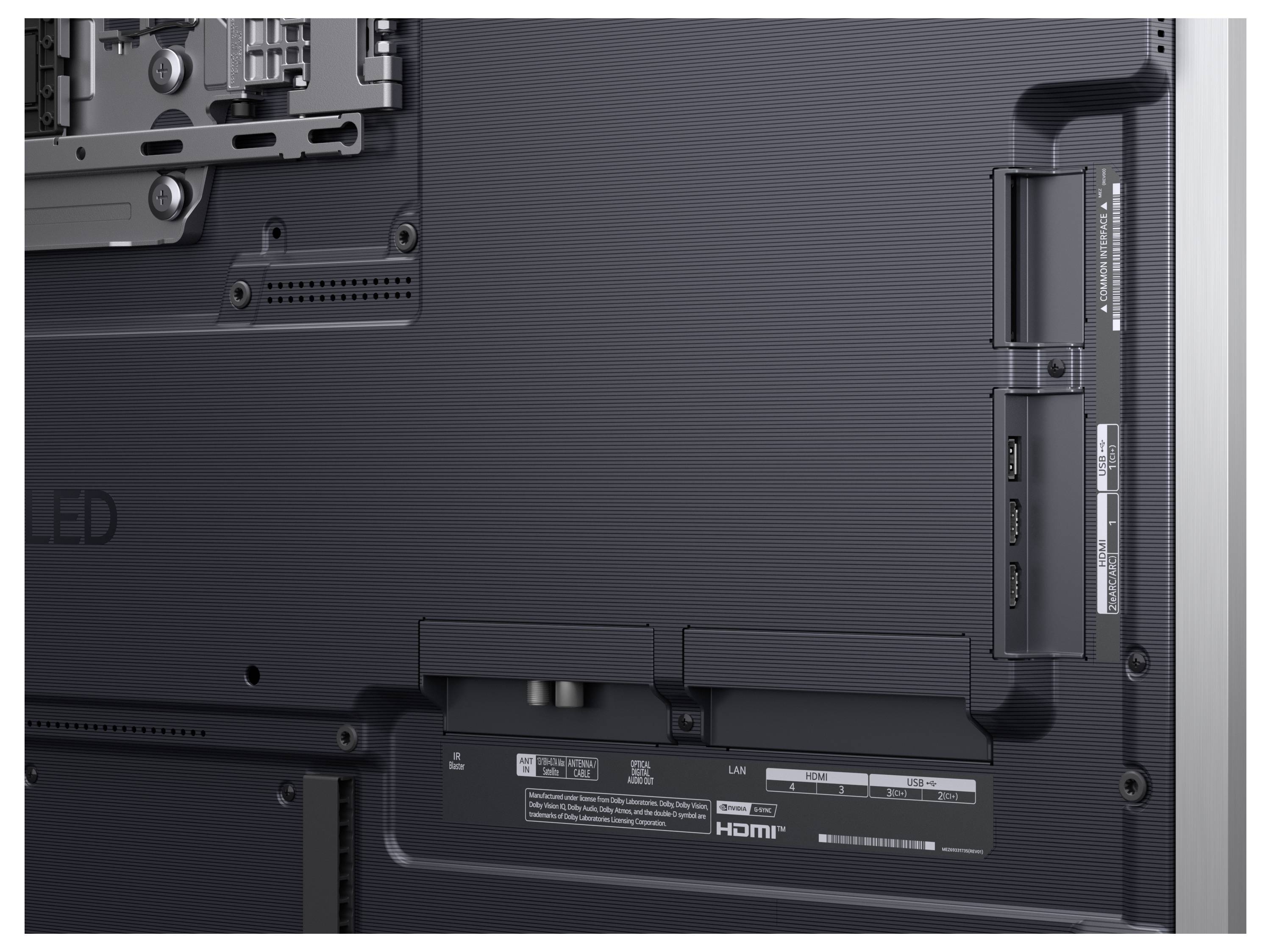 Rear view of a television showing its ports and connectors, including HDMI and LAN ports, with part of a mounting bracket visible on the back.