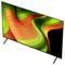 A sleek, modern flat-screen TV displaying a vibrant abstract design with swirling green and orange patterns, set on a minimalist stand.