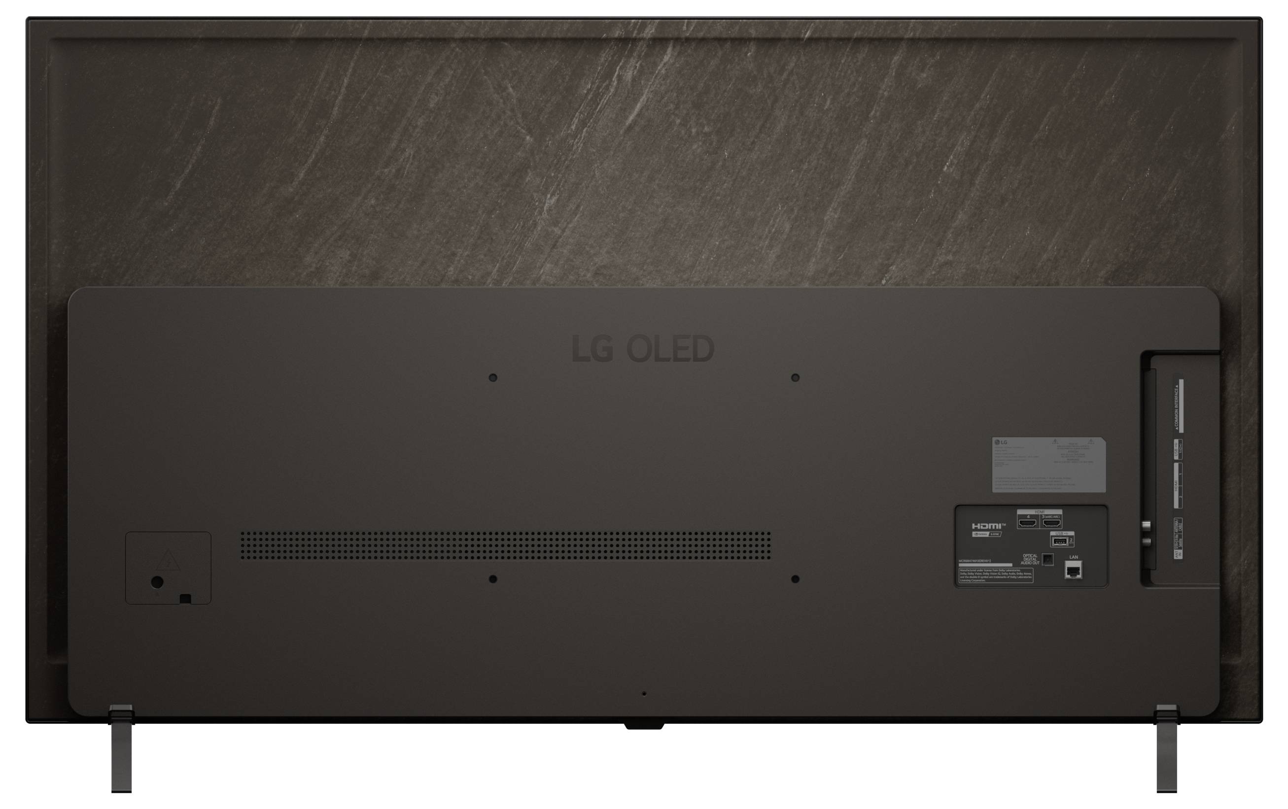 The image shows the back view of a black LG OLED television, featuring various ports and a power switch on the right side.