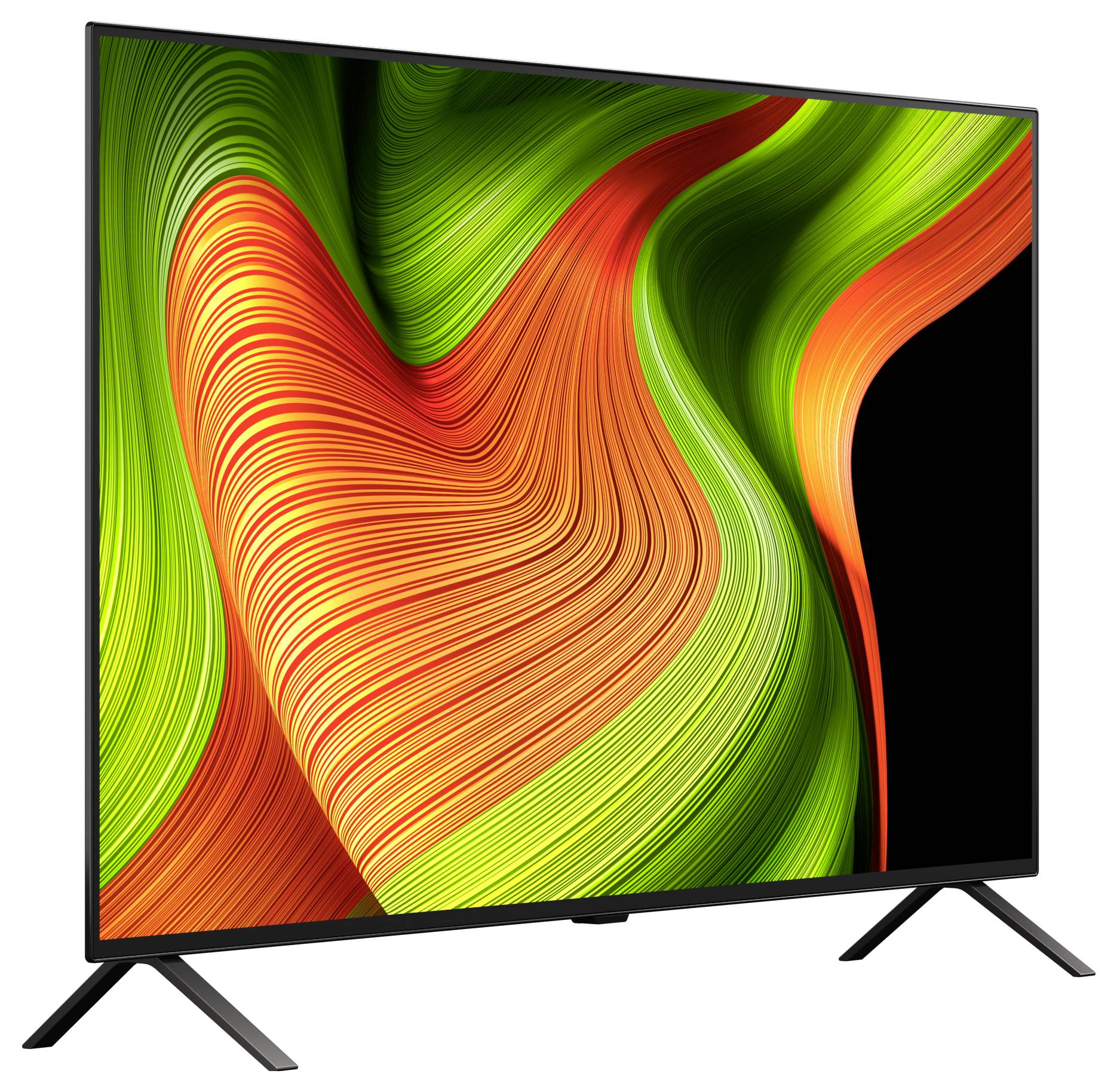 A television displaying vibrant, abstract green and orange swirls on its screen, standing on a simple black stand against a white background.