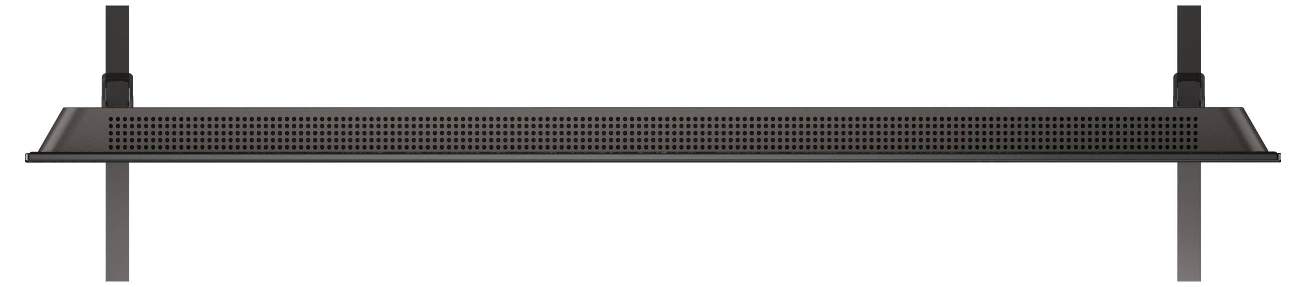 A long, black metal grill with square perforations, suspended by two thin supports at each end, resembling a minimalist light fixture.