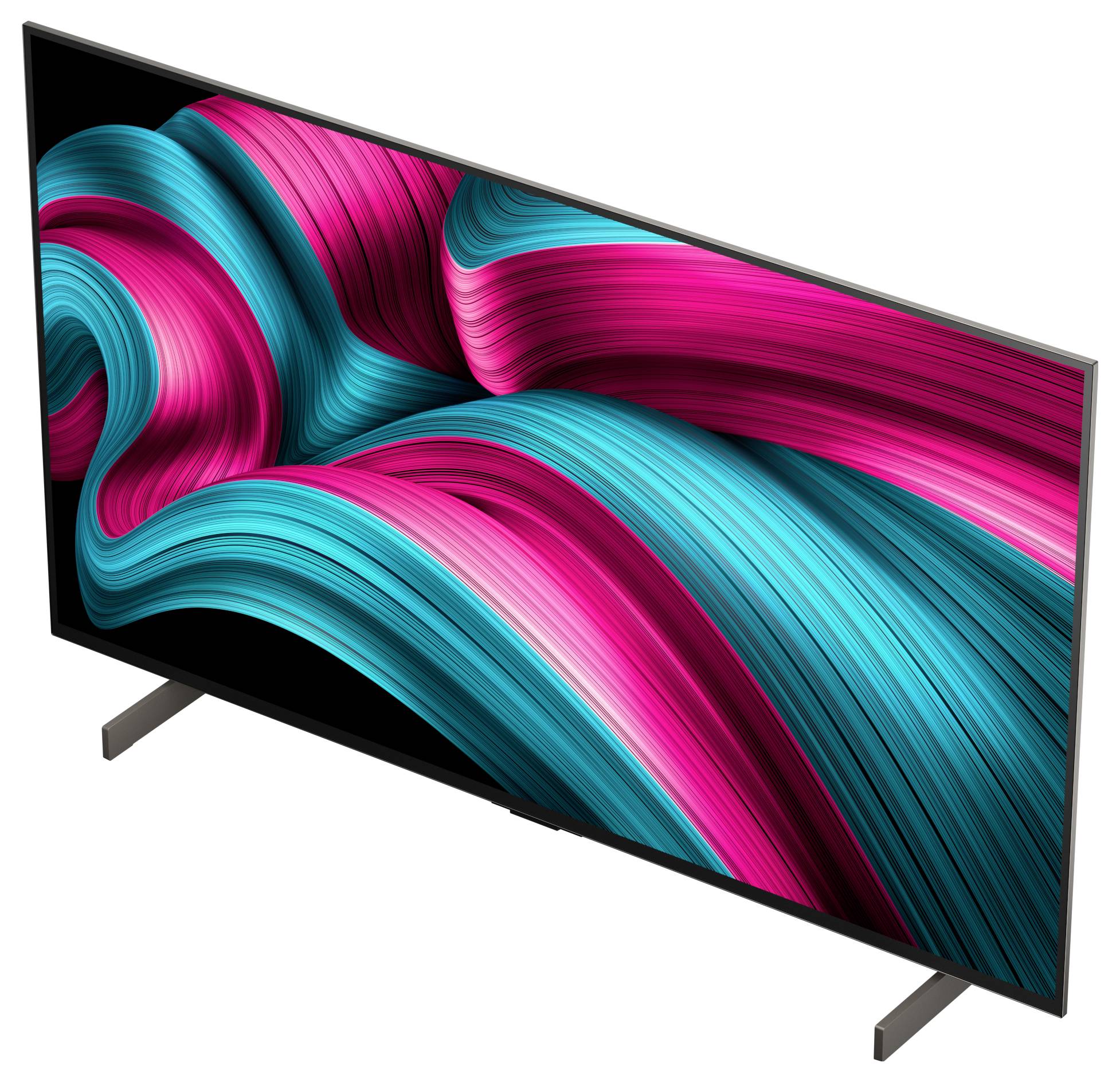 A sleek flat-screen TV displaying an abstract multicolored swirl design in blue and pink that adds a vibrant touch to the room's decor.