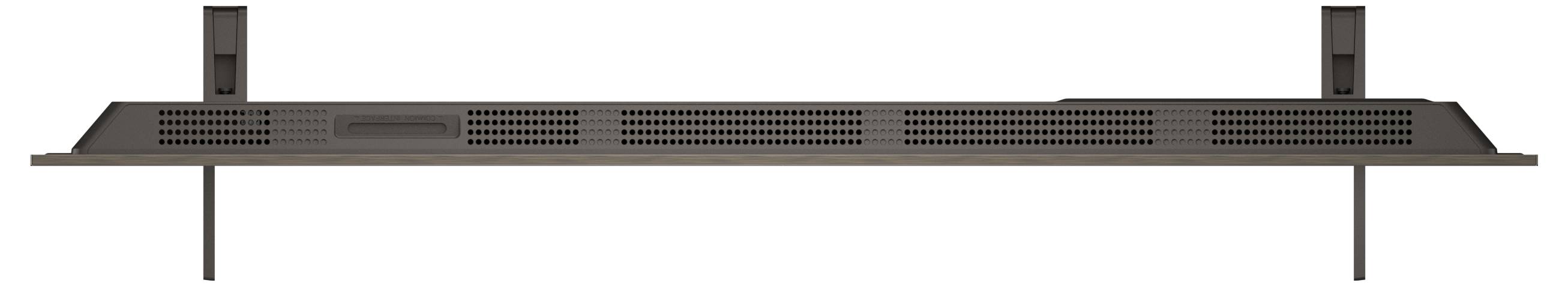 A long, narrow, dark-colored metal shelf, supported by brackets, designed for mounting on a wall.