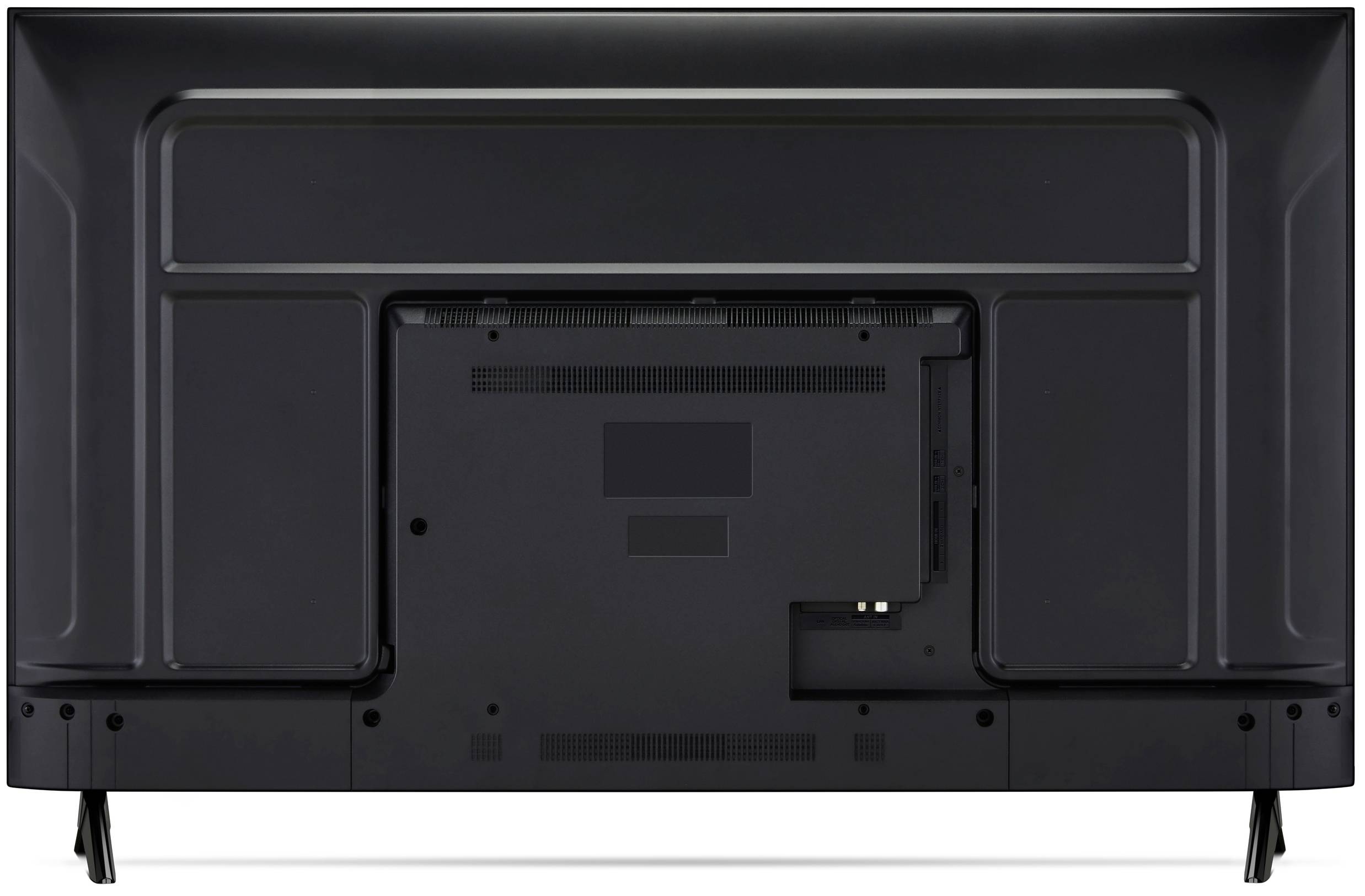 The image shows the back view of a flat-screen television with a visible stand and ports for connectivity.