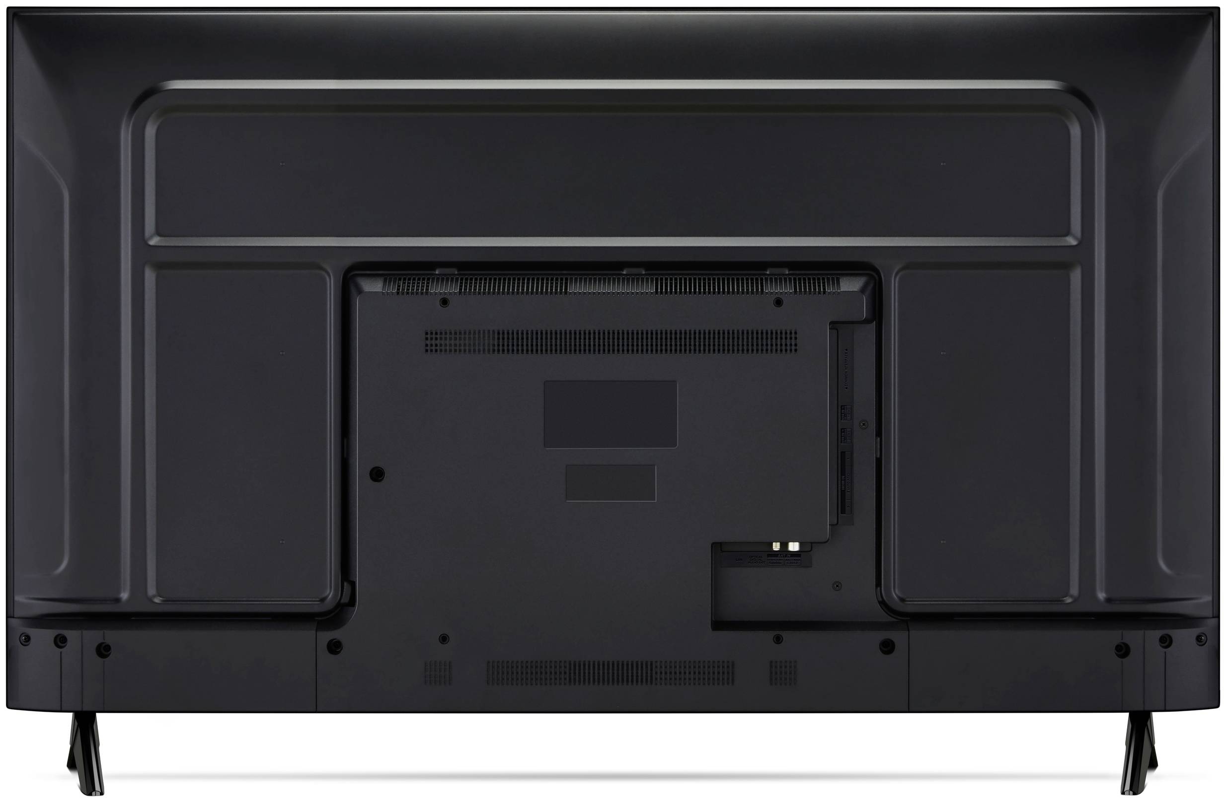 Back view of a television showing ports and stand attachments. The design is minimalist with a plain, black finish.