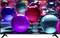 'Colorful glossy spheres on a reflective surface in various shades of blue, purple, and red, creating a vibrant, abstract pattern.'